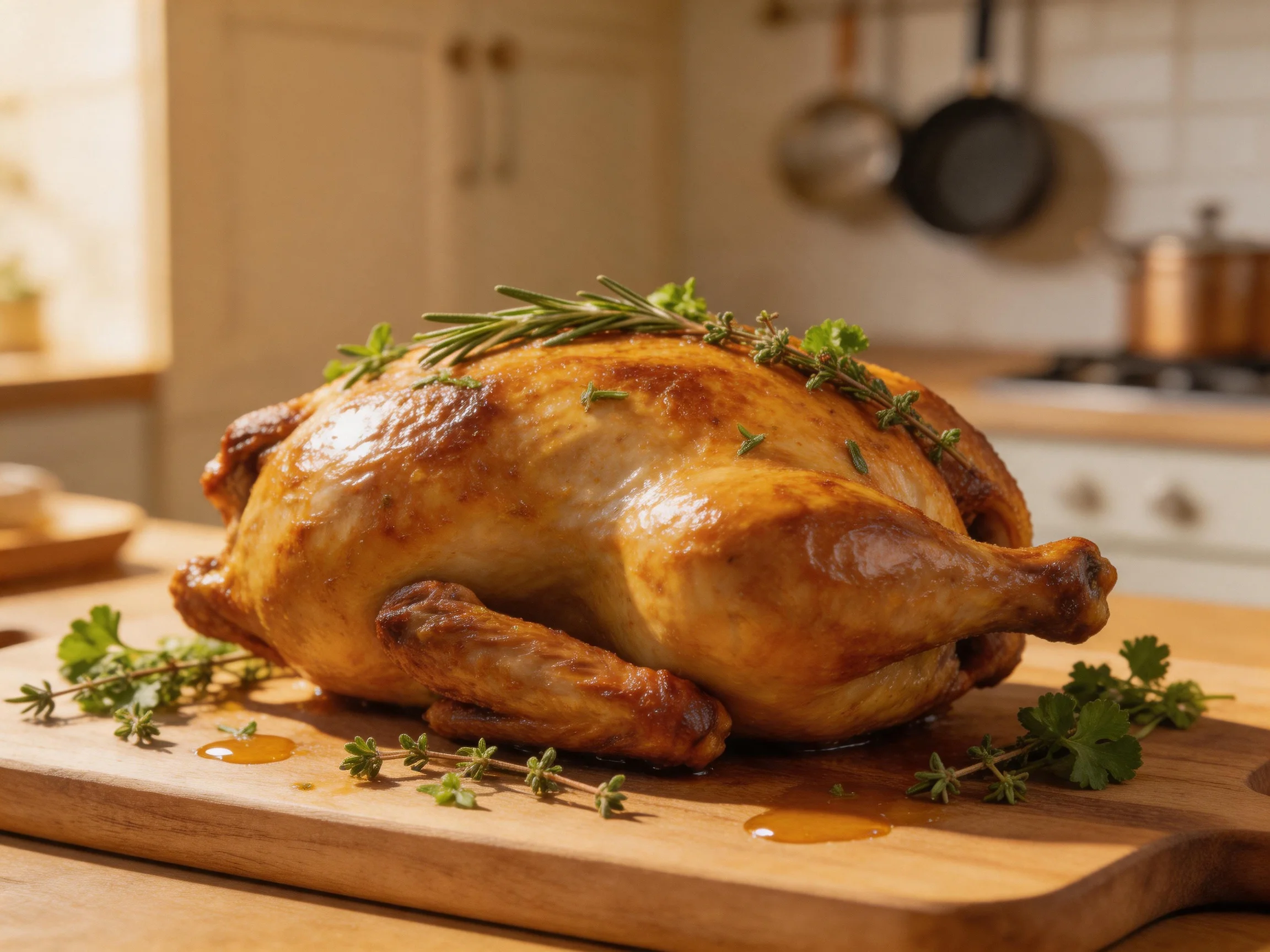 Golden-brown roasted chicken garnished with fresh herbs on wooden cutting board