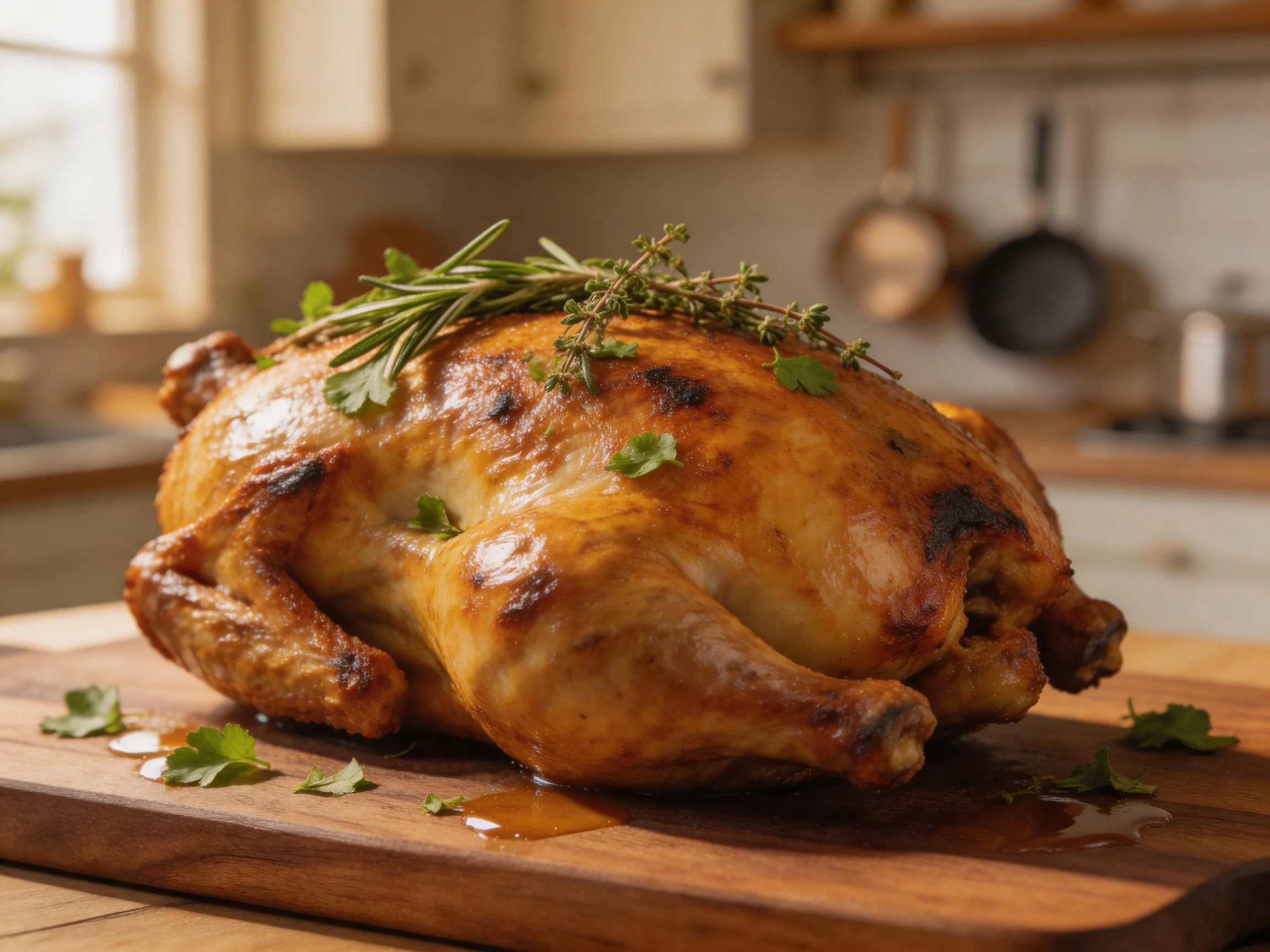 Golden-brown roasted chicken garnished with fresh herbs on wooden cutting board