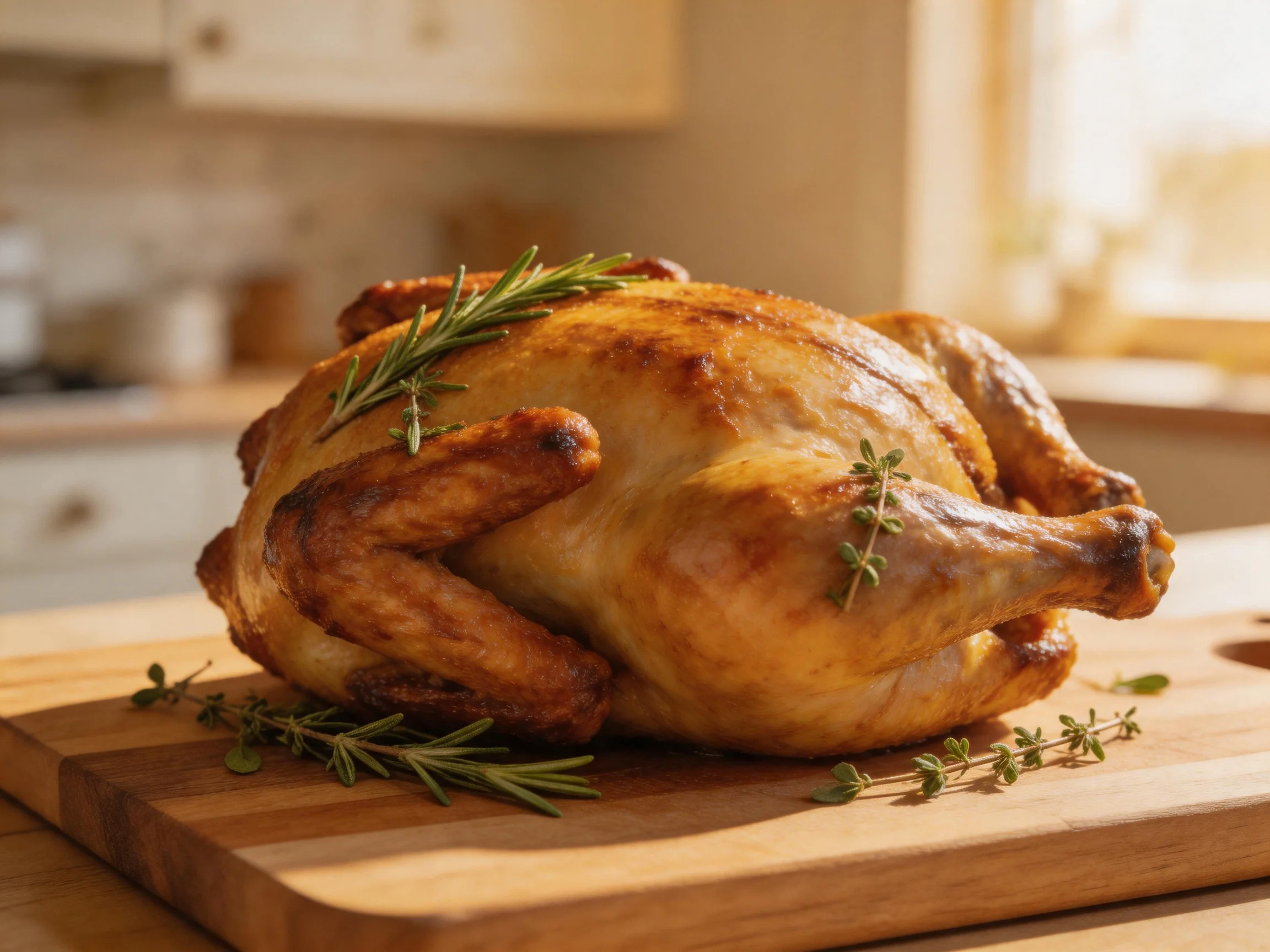 Golden-brown roasted chicken garnished with fresh herbs on wooden cutting board