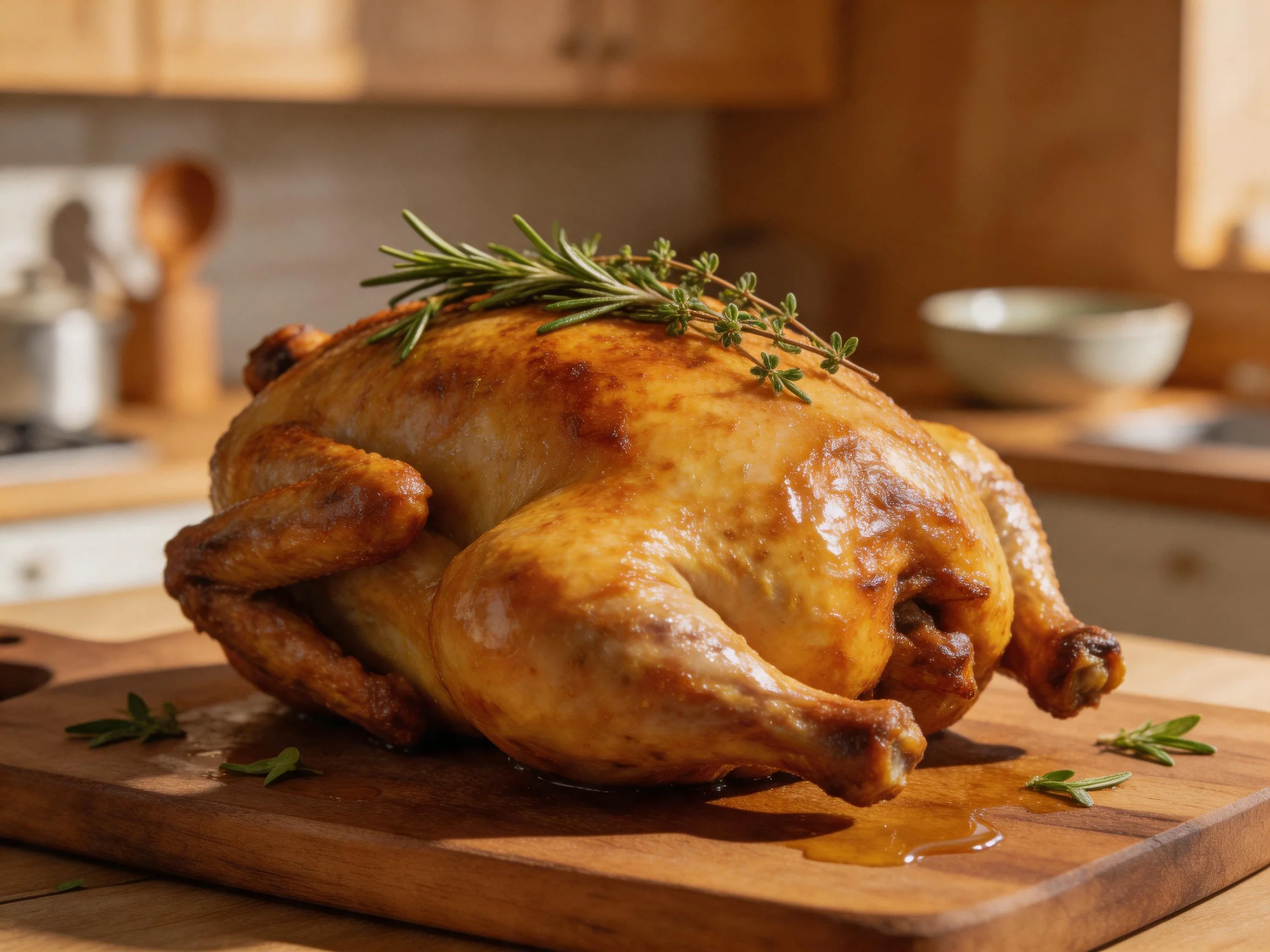 Golden-brown roasted chicken garnished with fresh herbs ona wooden cutting board
