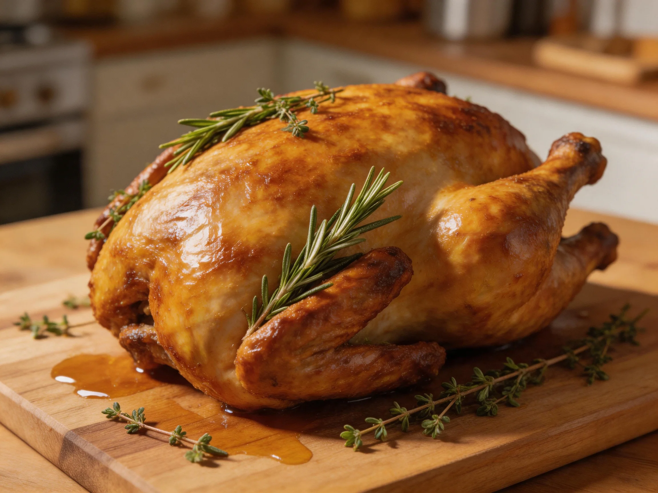 Golden-brown roasted chicken garnished with fresh herbs ona wooden cutting board