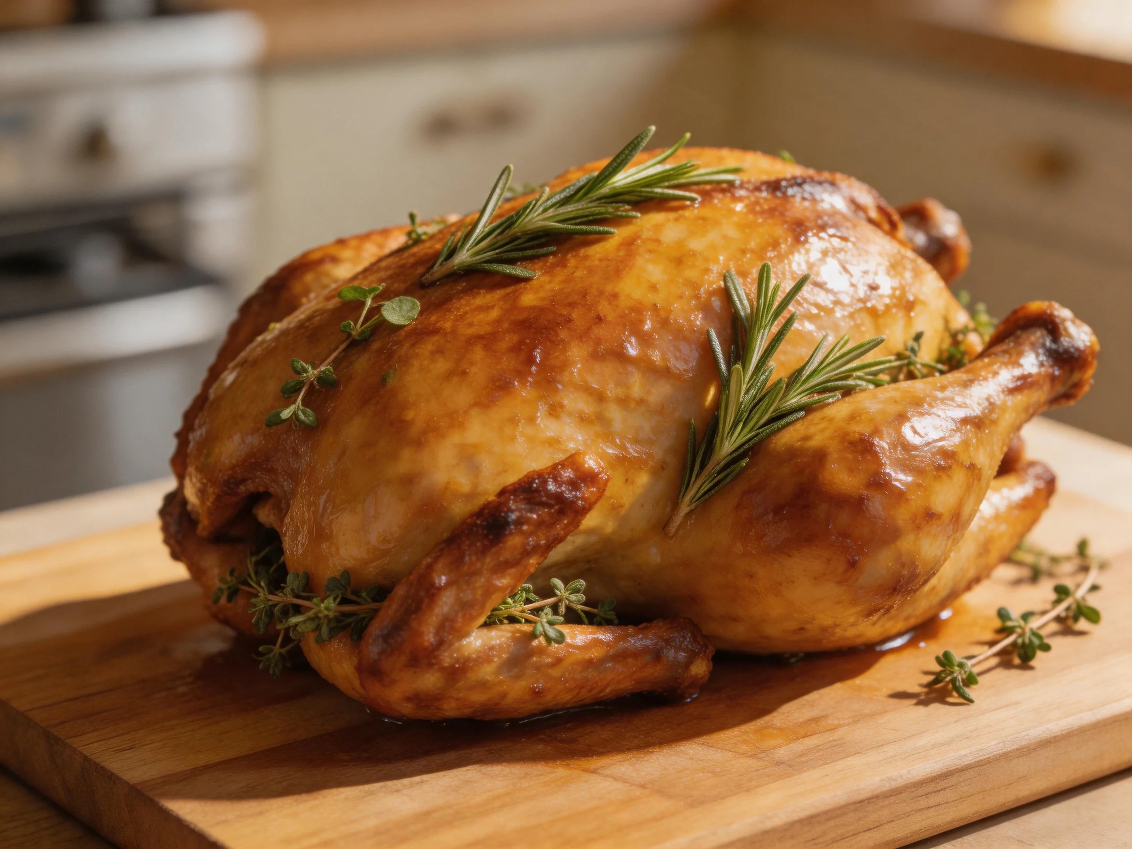 Golden-brown roasted chicken garnished with fresh rosemary and thyme