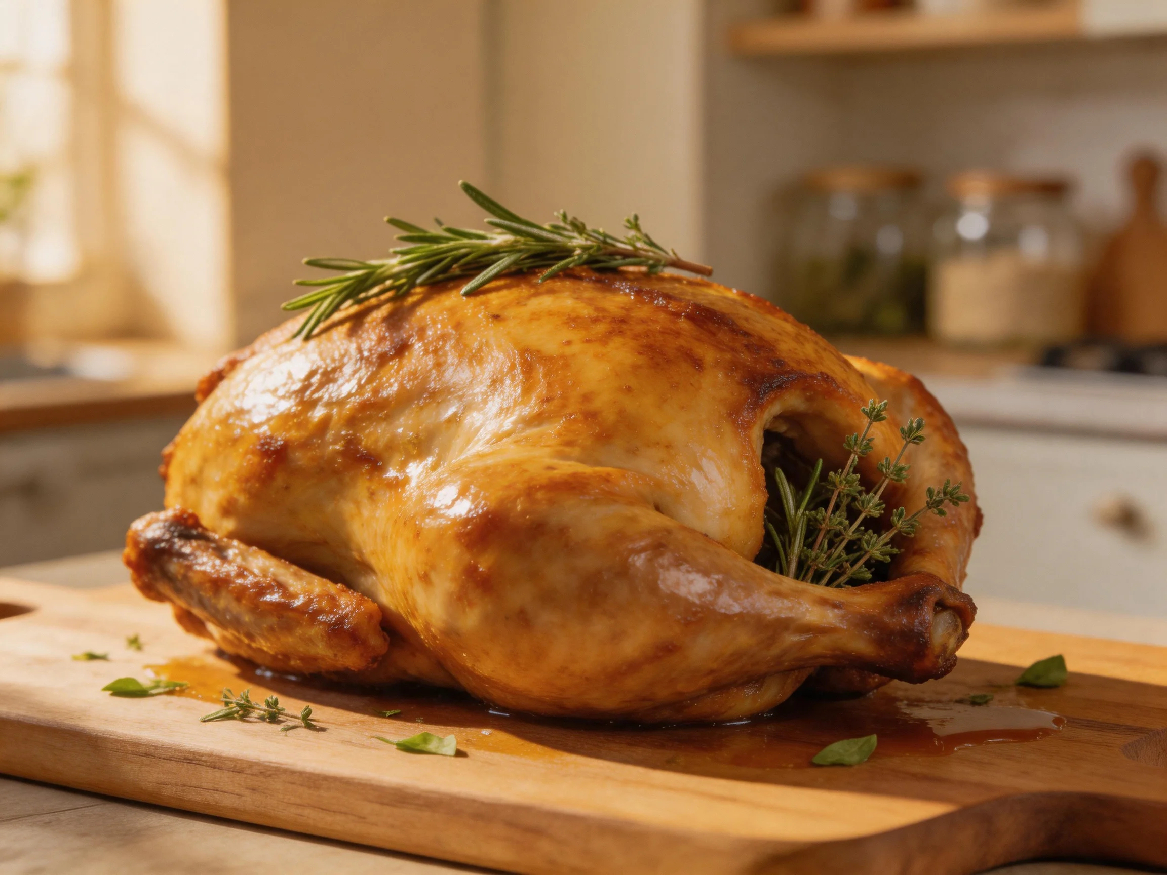 Golden-brown roasted chicken garnished with fresh rosemary and thyme