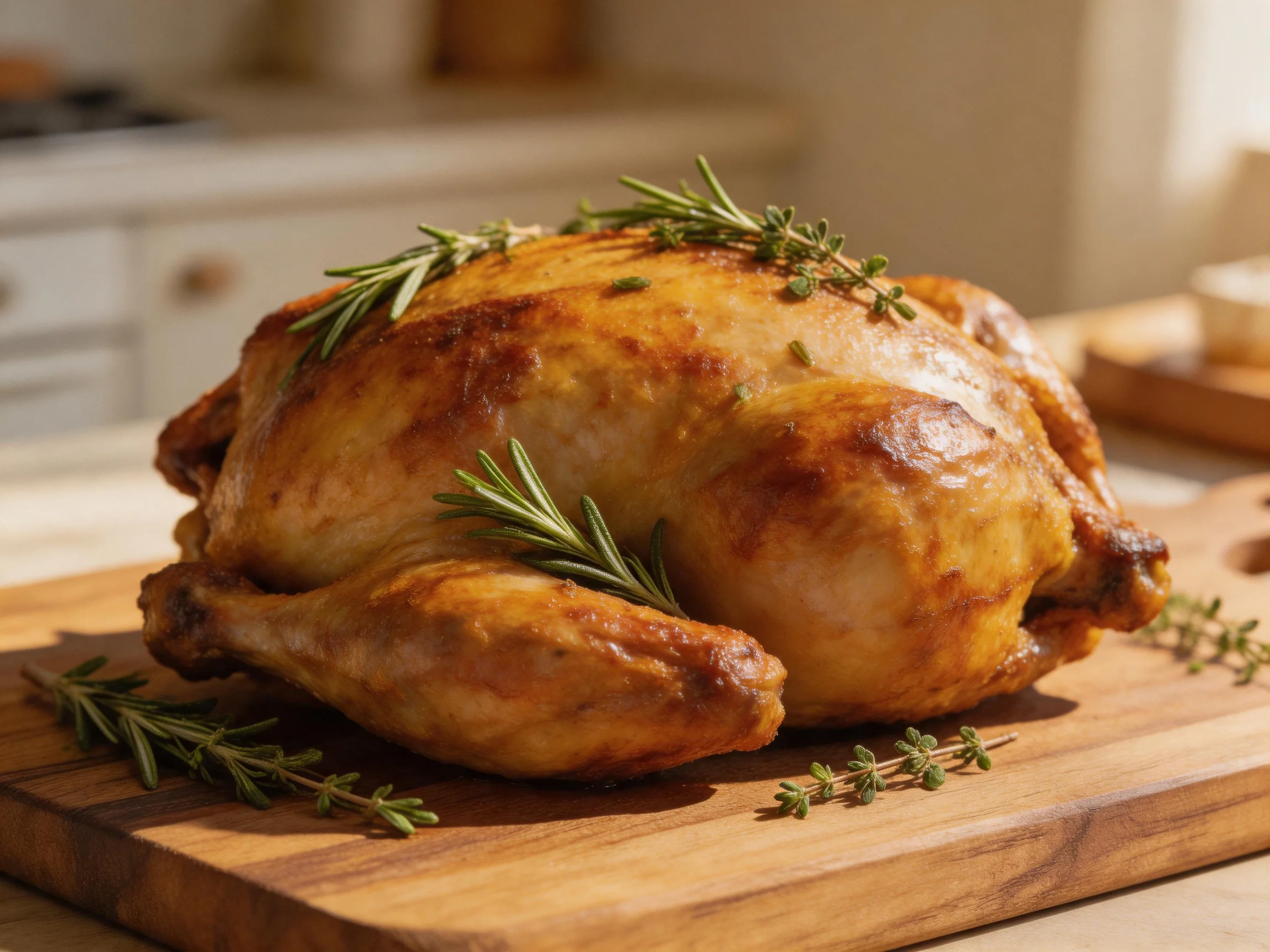 Golden-brown roasted chicken garnished with fresh rosemary and thyme on a wooden cutting board