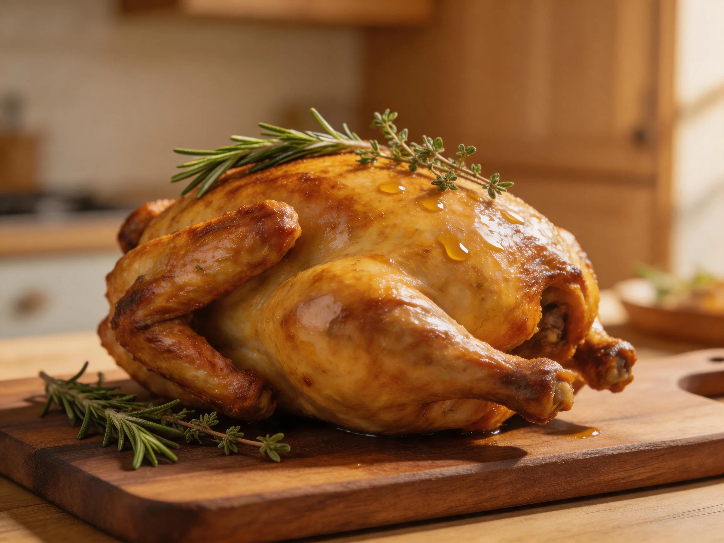 Golden-brown roasted chicken garnished with fresh rosemary and thyme
