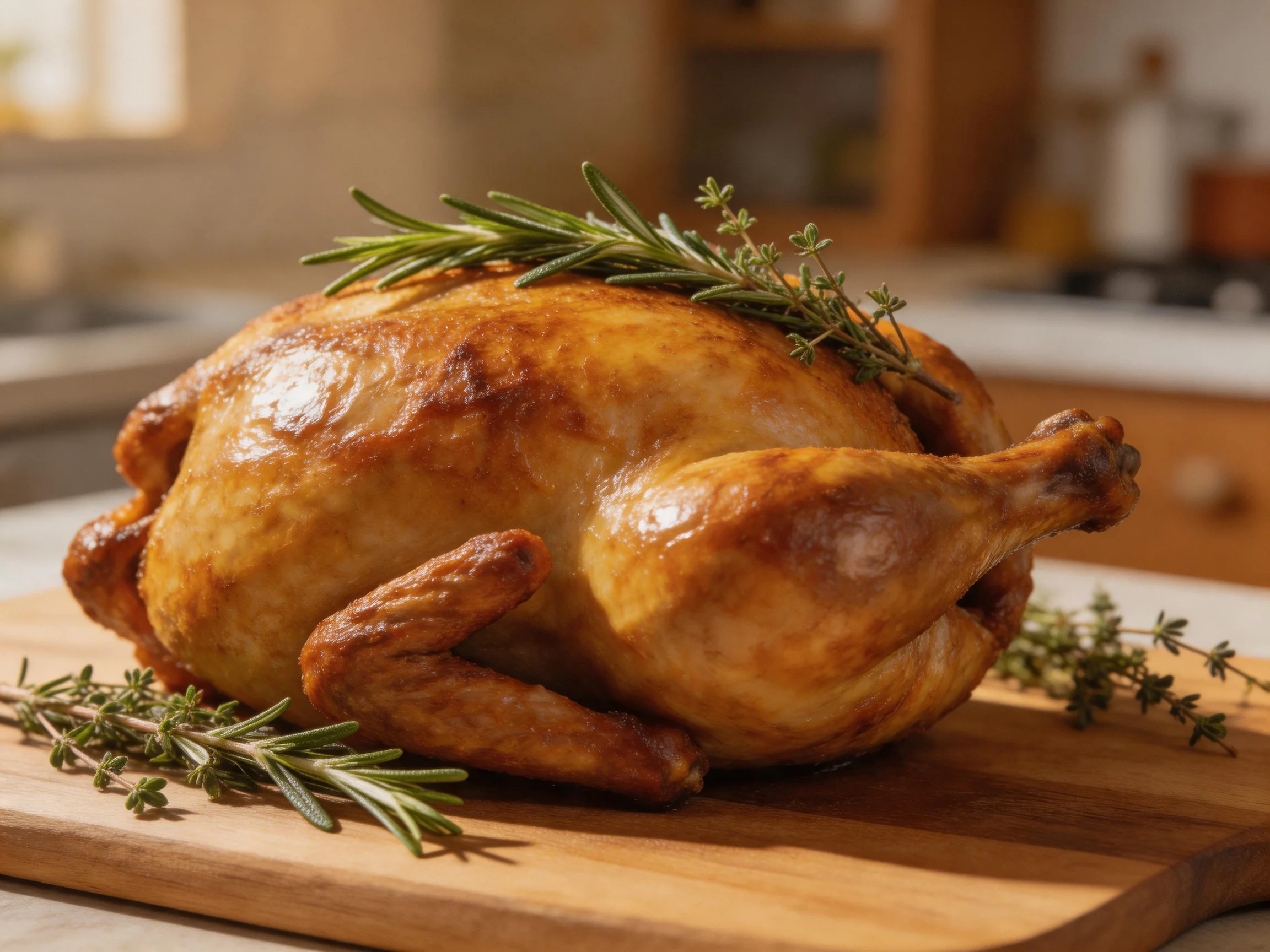 Golden-brown roasted chicken garnished with fresh rosemary and thyme