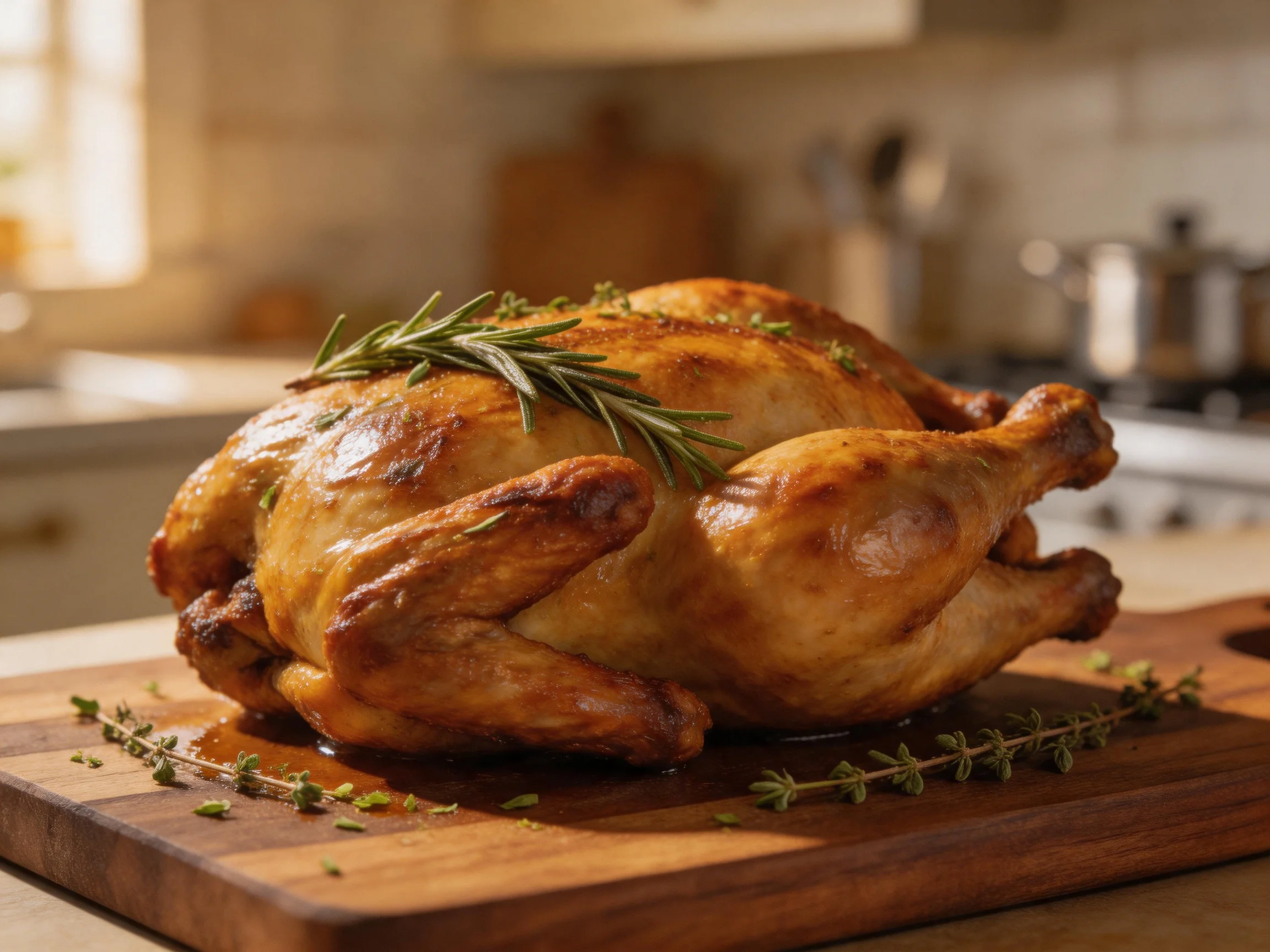 Golden-brown roasted chicken garnished with freshherbs on a wooden cutting board