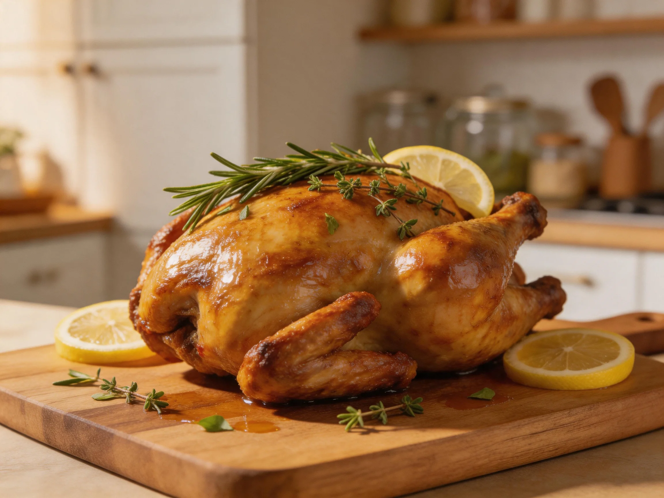 Golden-brown roasted chicken garnished with herbs and lemon slices on a wooden cutting board