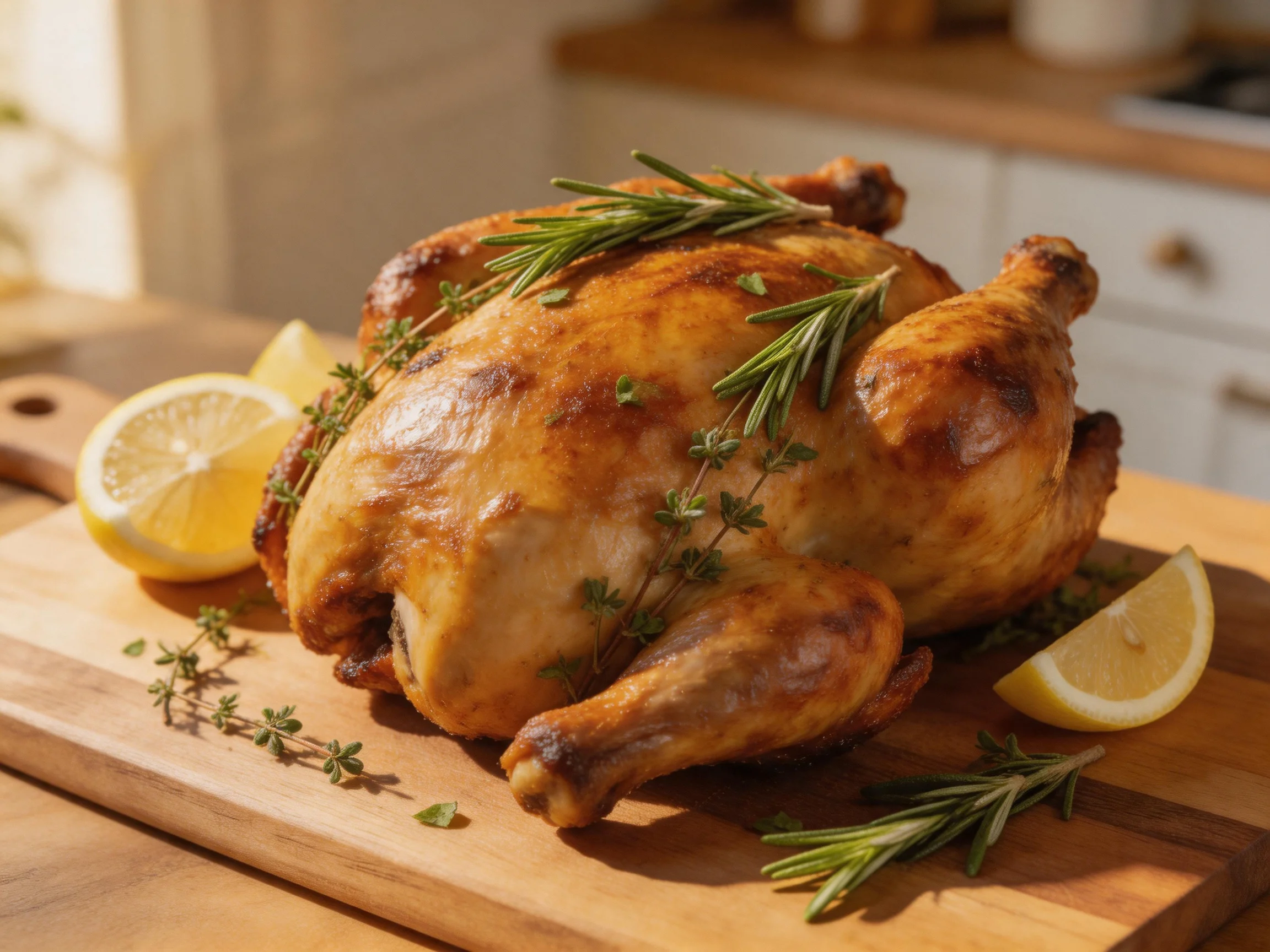 Golden-brown roasted chicken garnished with herbs and lemon wedges