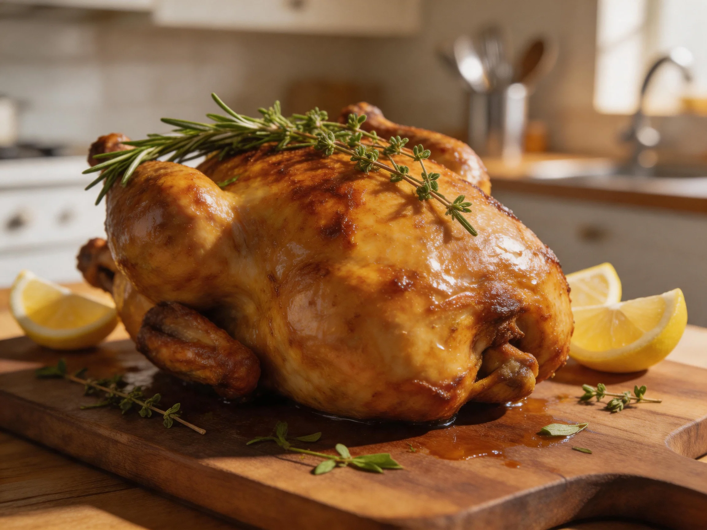 Golden-brown roasted chicken garnished with herbs and lemon wedges