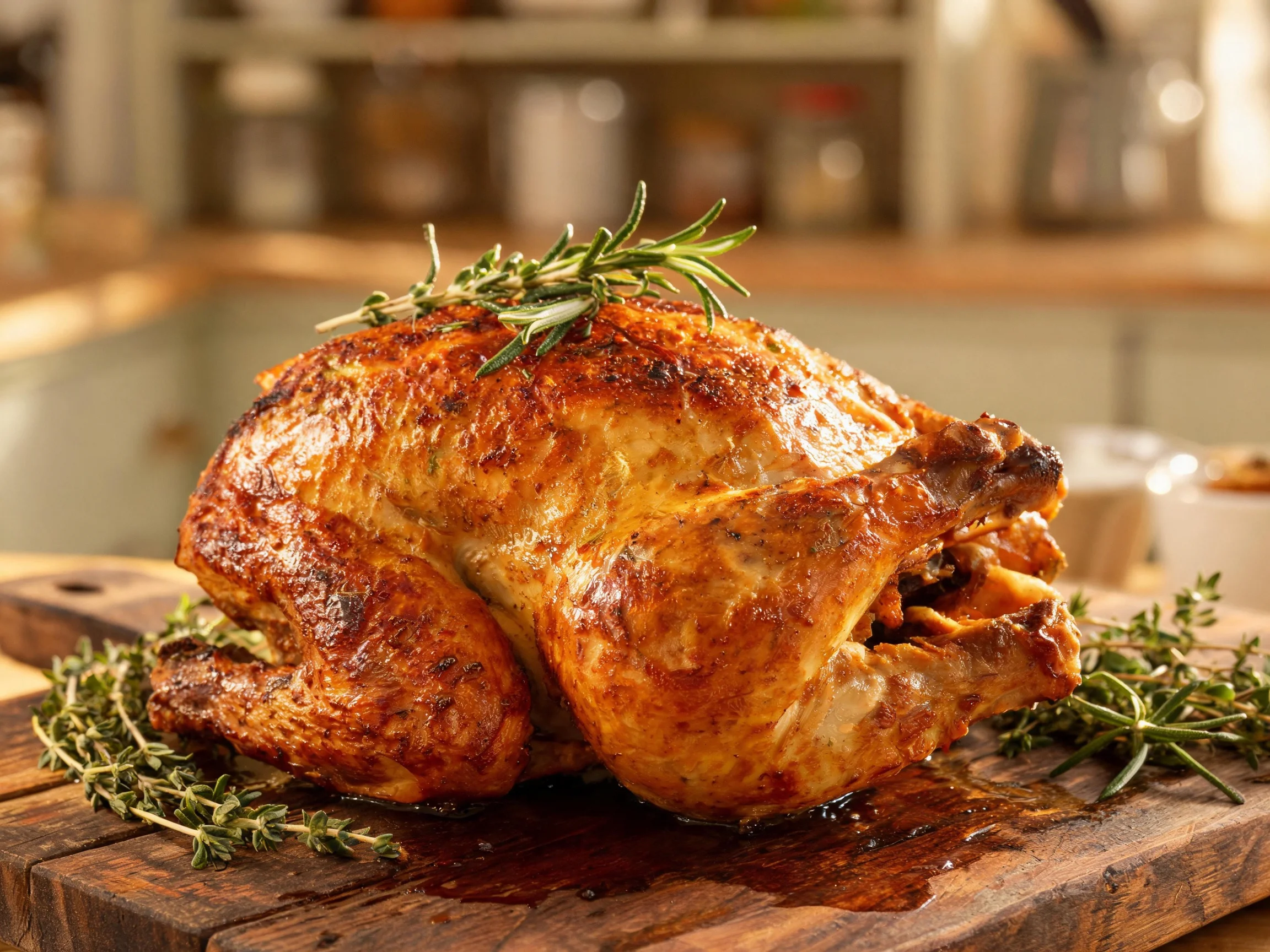 Golden-brown roasted chicken garnished with herbs on a wooden board