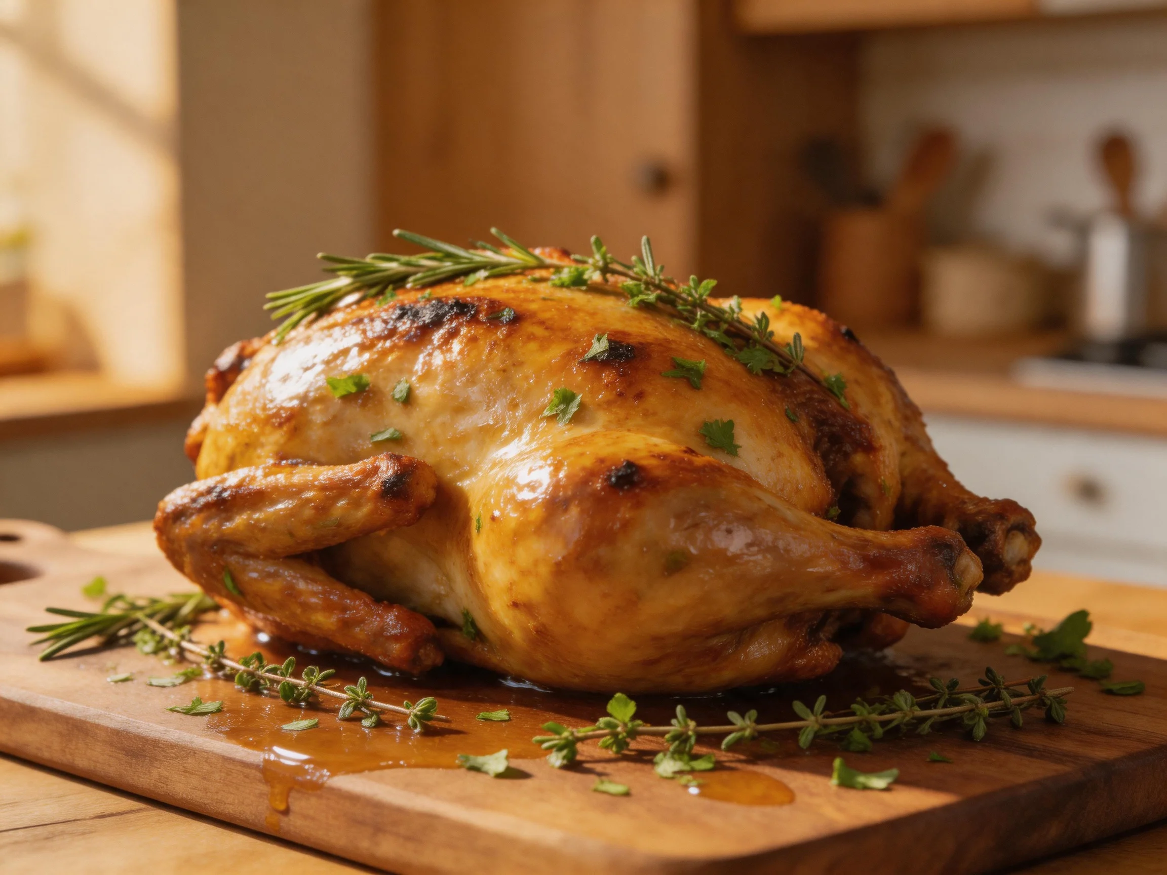 Golden-brown roasted chicken garnished with herbs on a wooden board