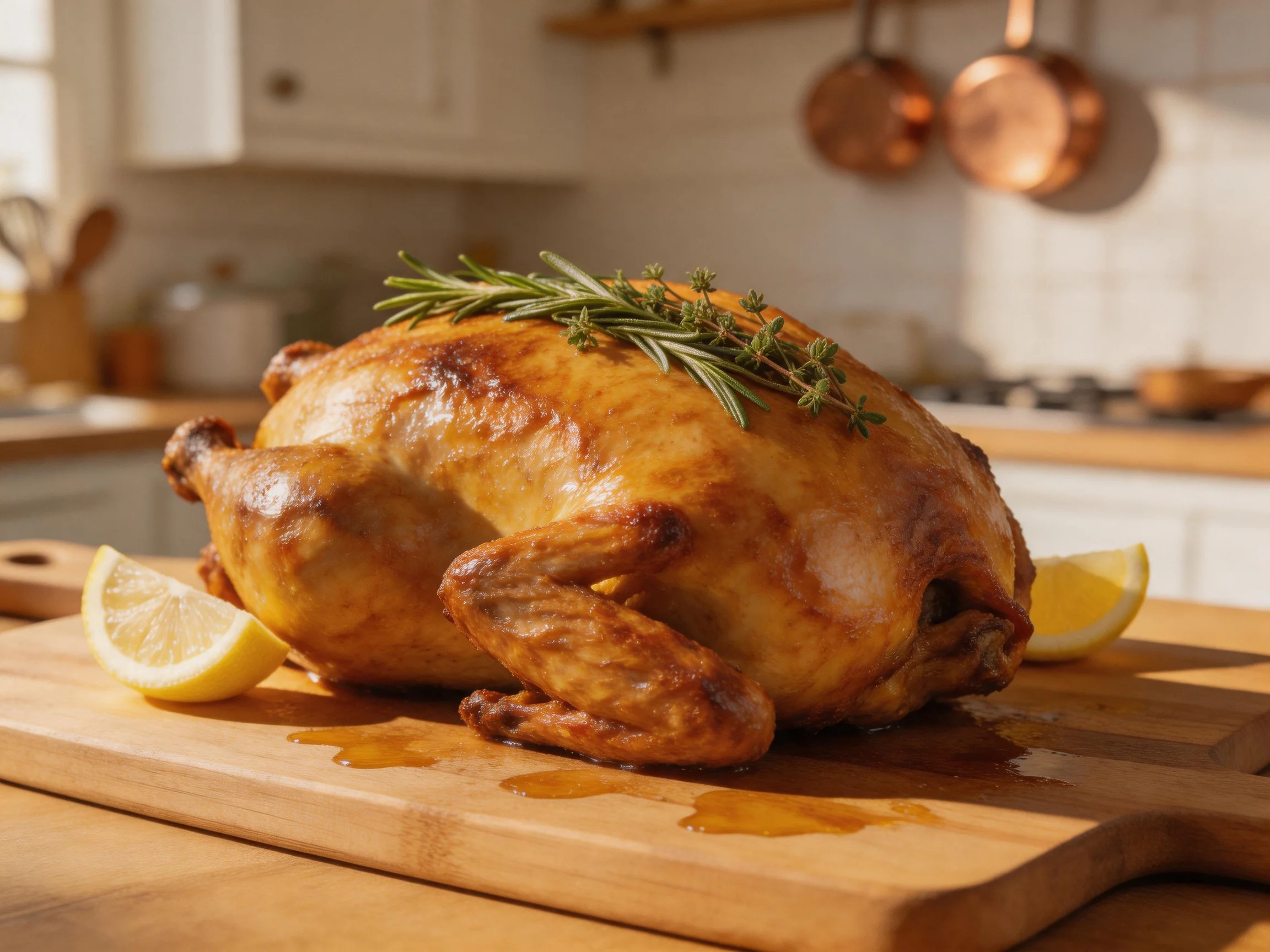 Golden-brown roasted chicken garnished with herbs on a wooden cutting board