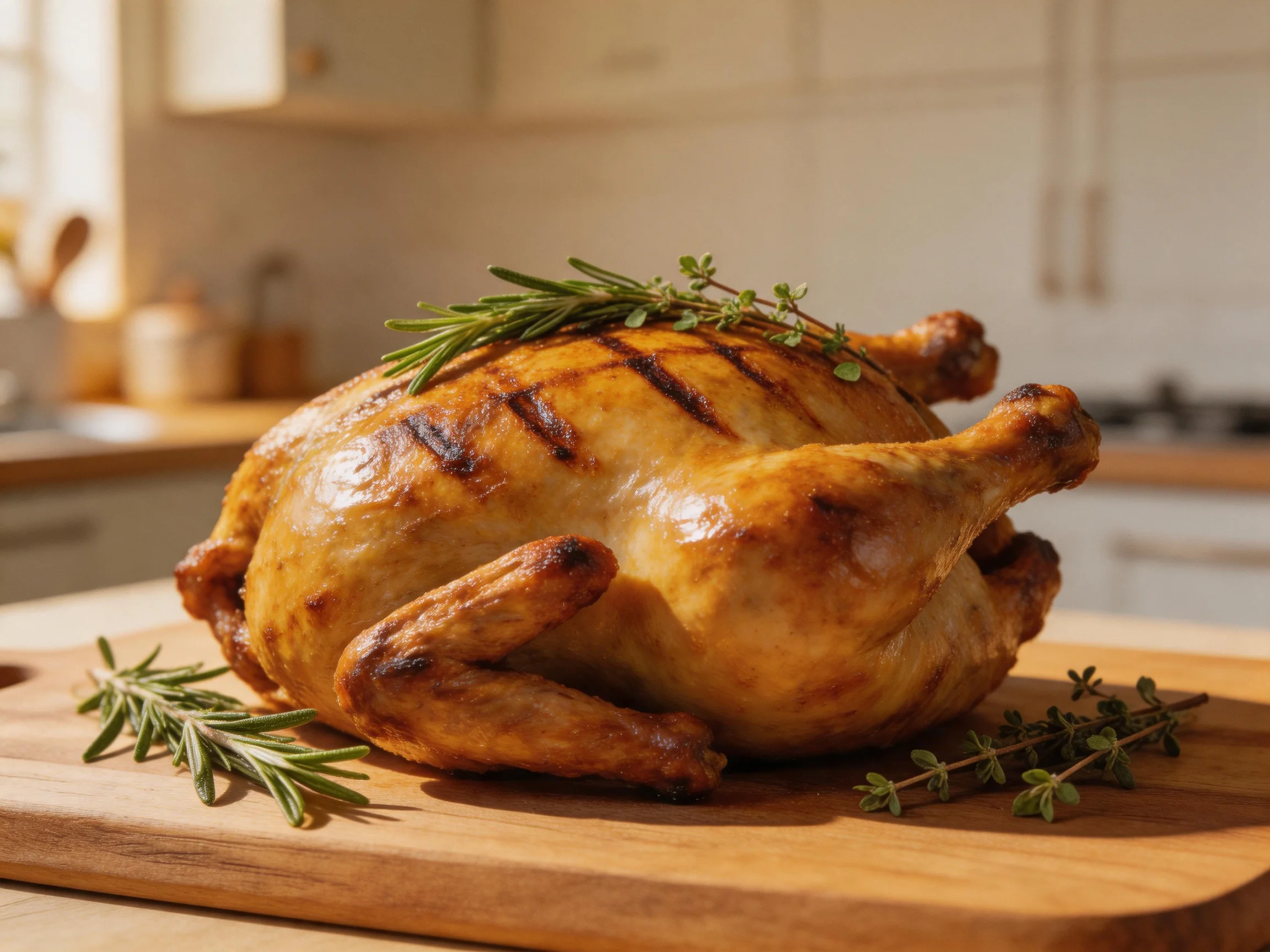 Golden-brown roasted chicken garnished with herbs on a wooden cutting board
