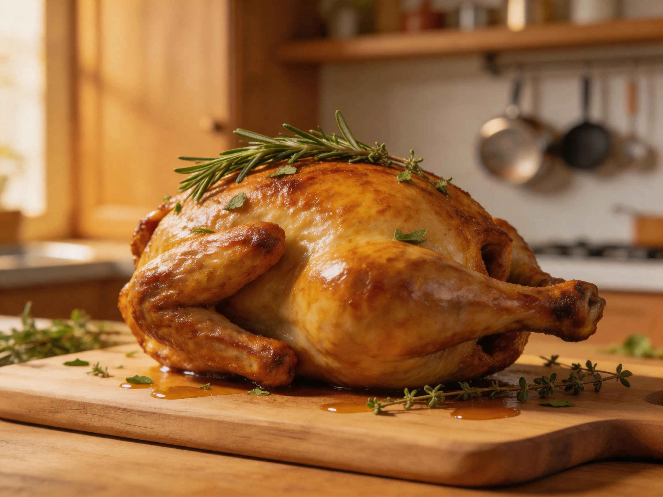 Golden-brown roasted chicken garnished with herbs on a wooden cutting board