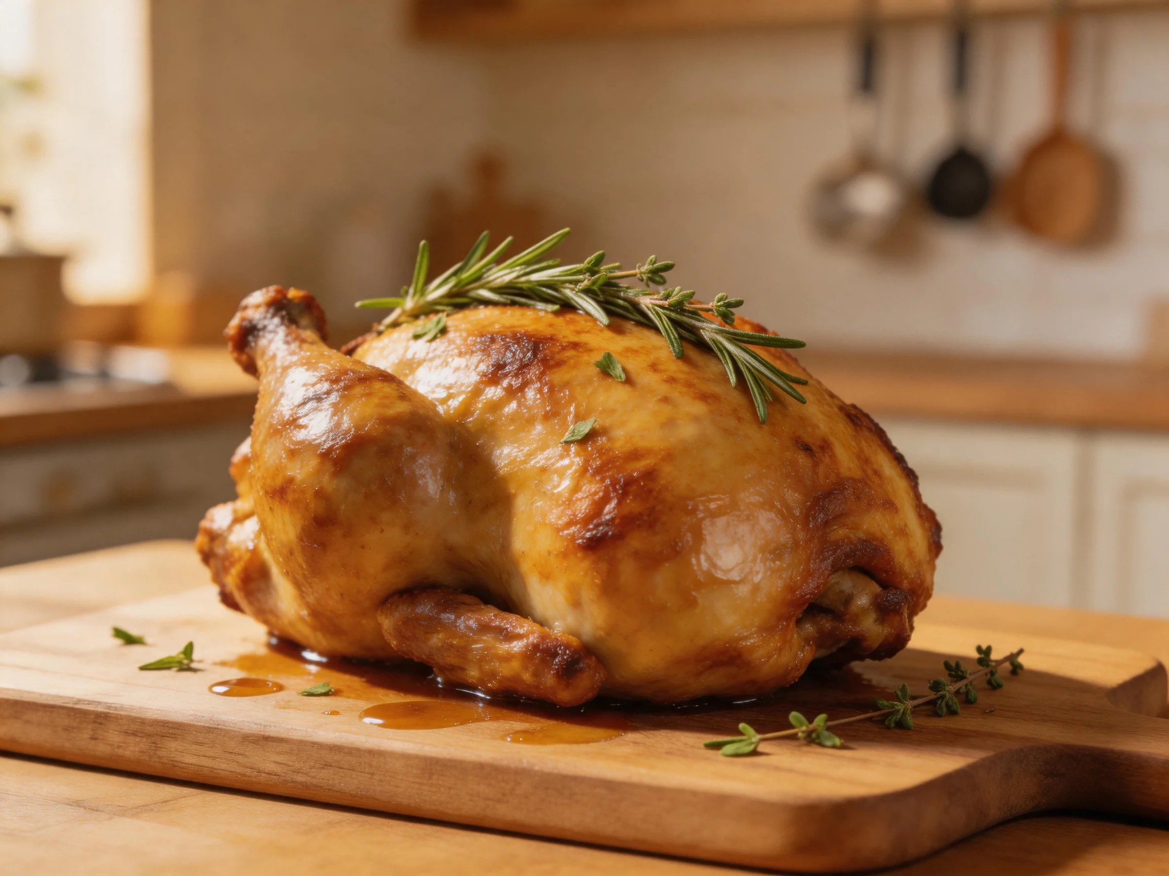 Golden-brown roasted chicken garnished with herbs on a wooden cutting board