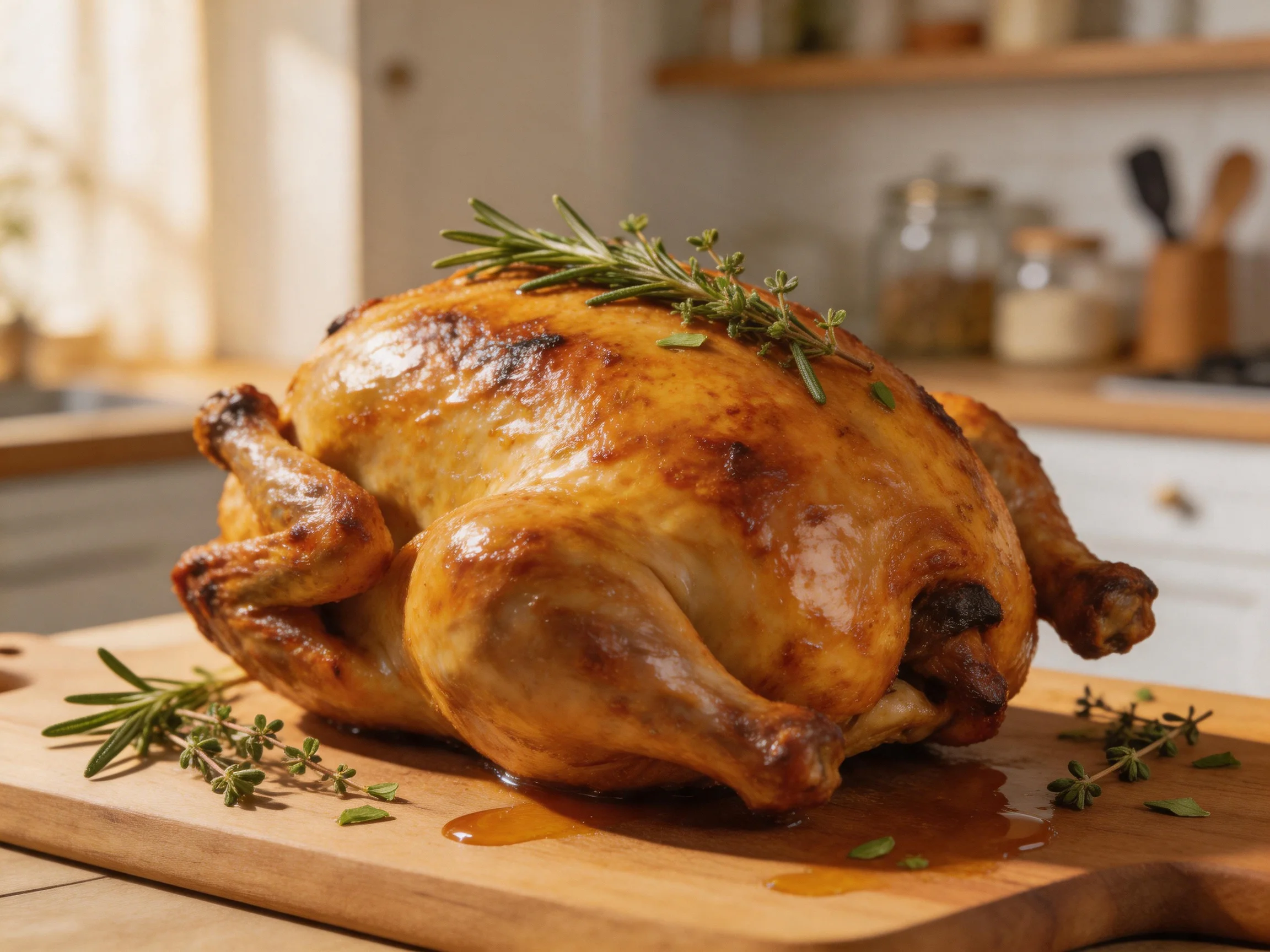 Golden-brown roasted chicken garnished with herbs on a wooden cutting board