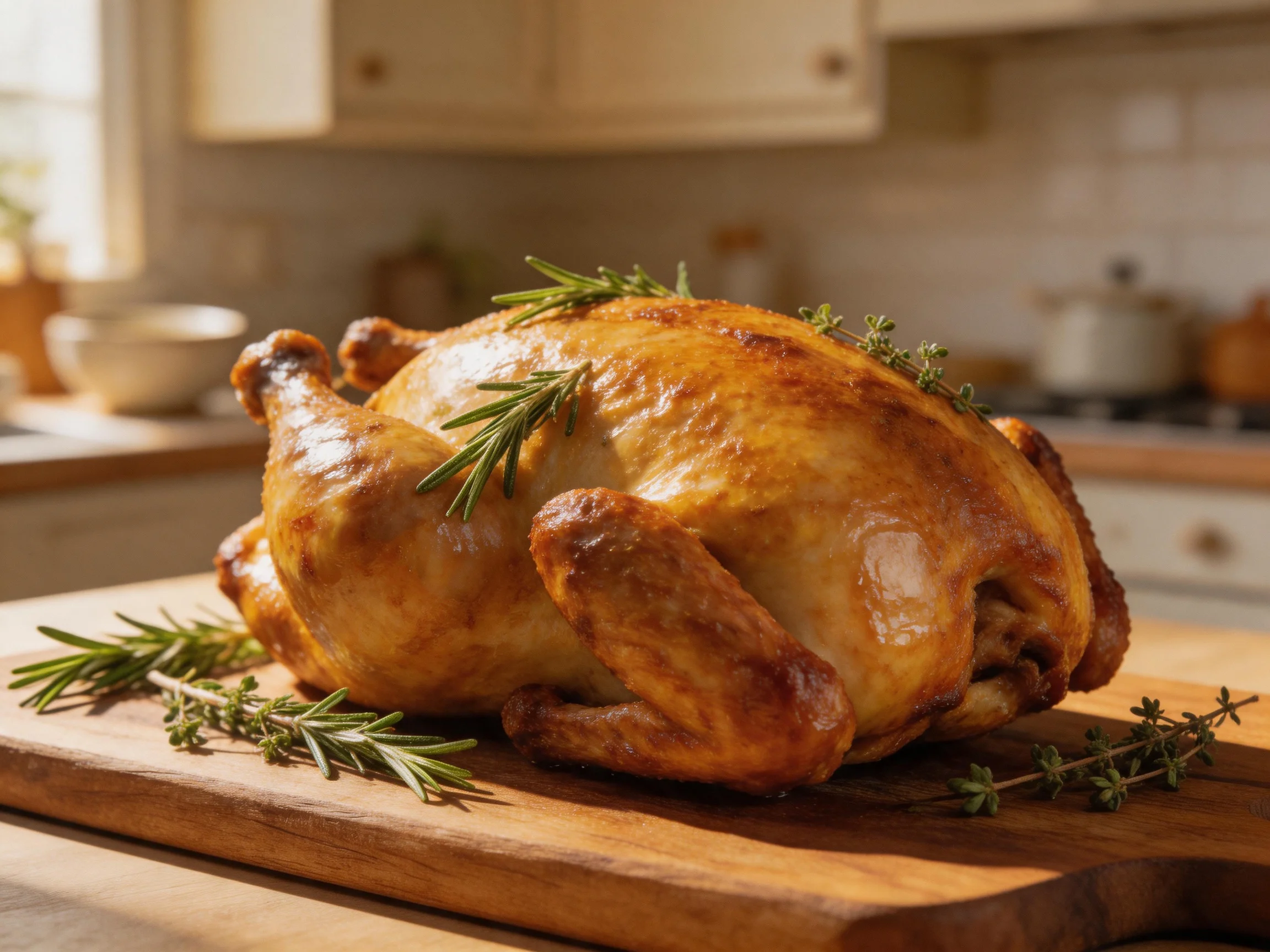 Golden-brown roasted chicken garnished with herbs on a wooden cutting board