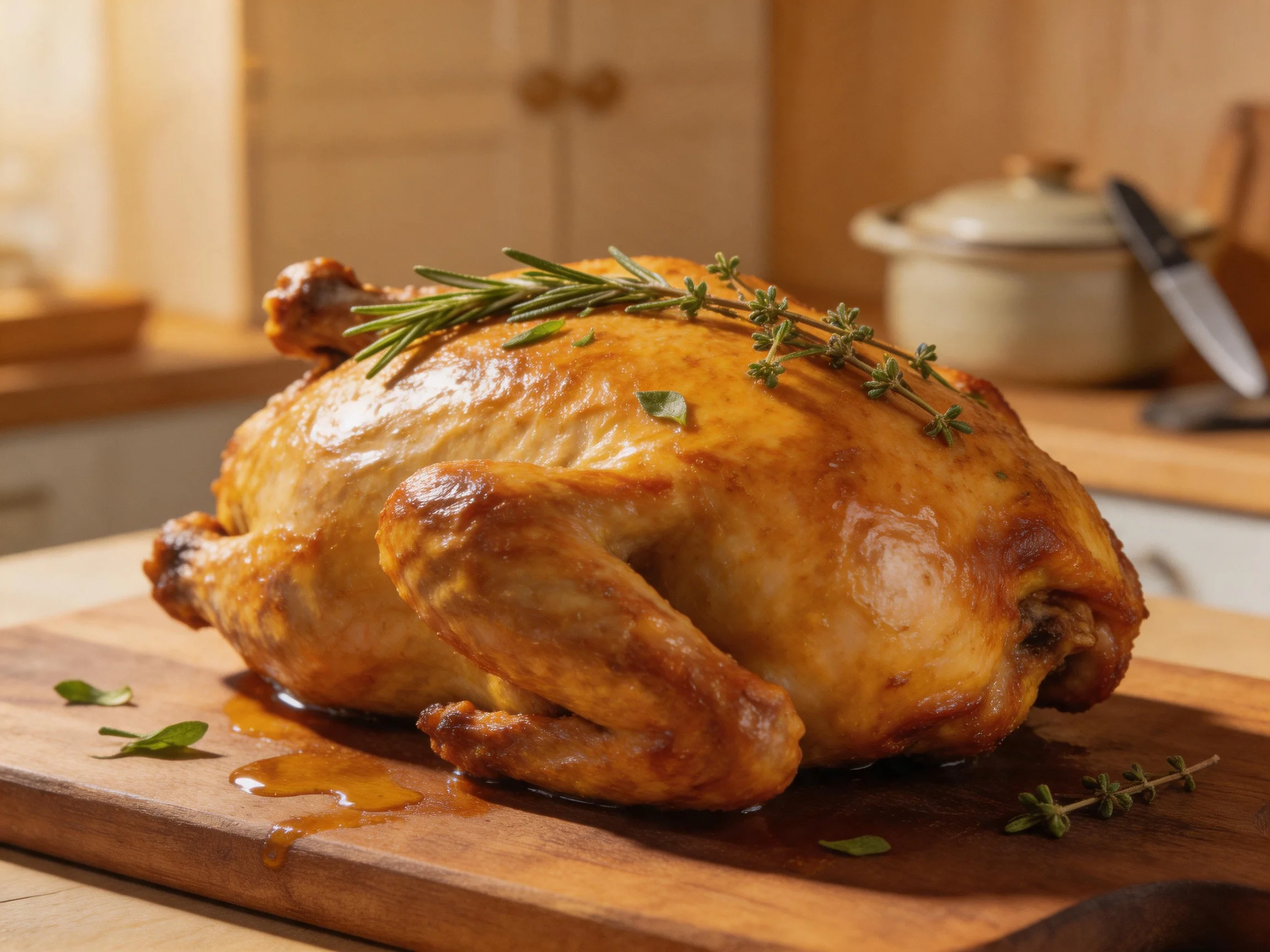 Golden-brown roasted chicken garnished with herbs on a wooden cutting board