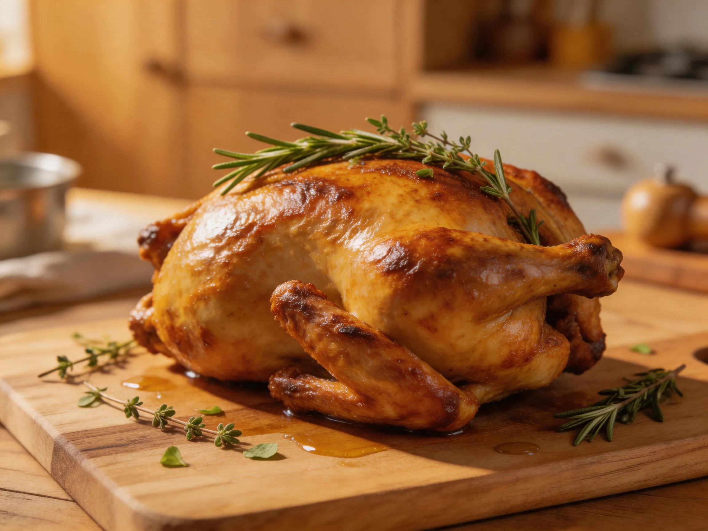 Golden-brown roasted chicken garnished with herbs on a wooden cutting board