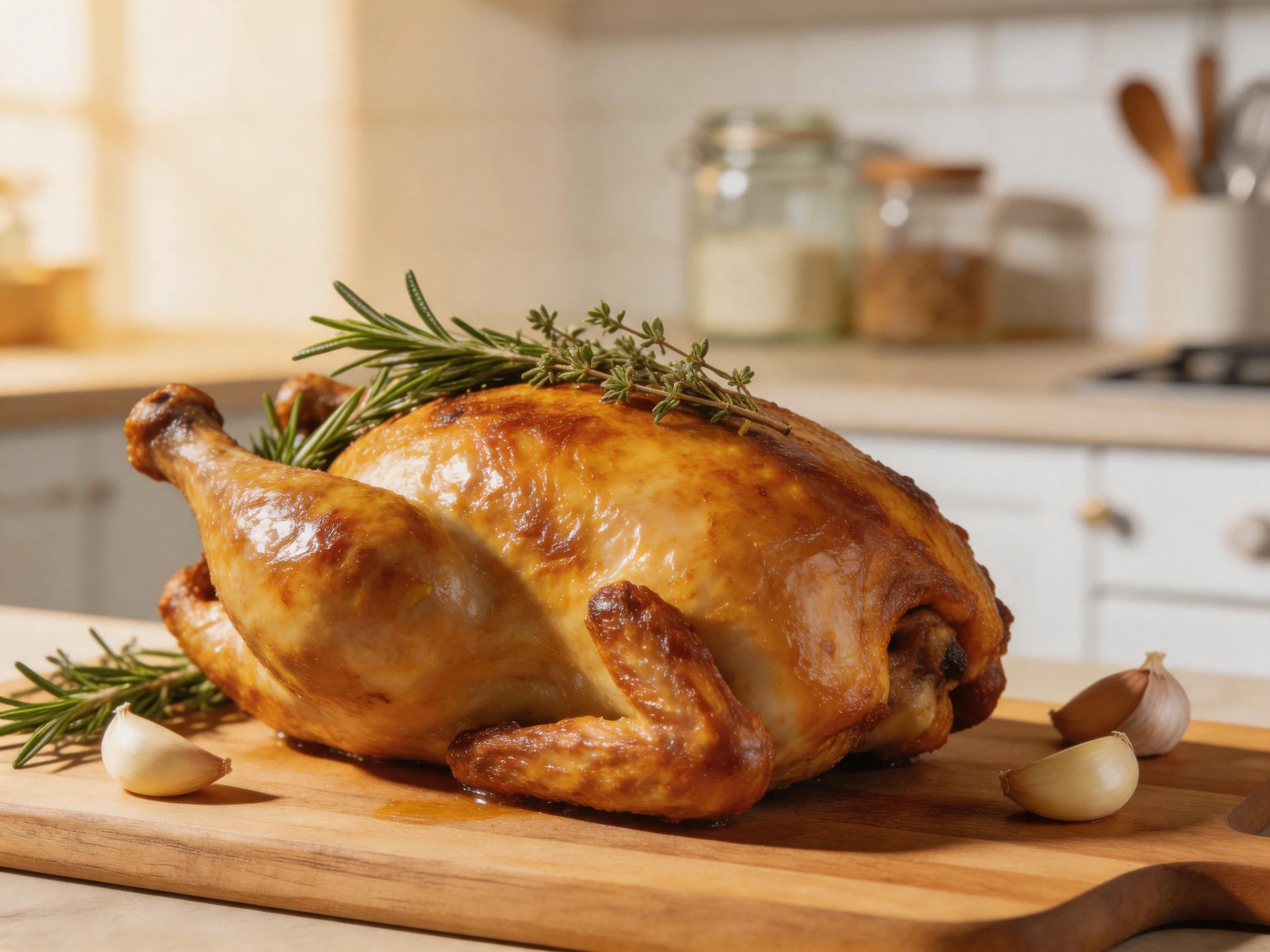 Golden-brown roasted chicken garnished with herbs on a wooden cutting board
