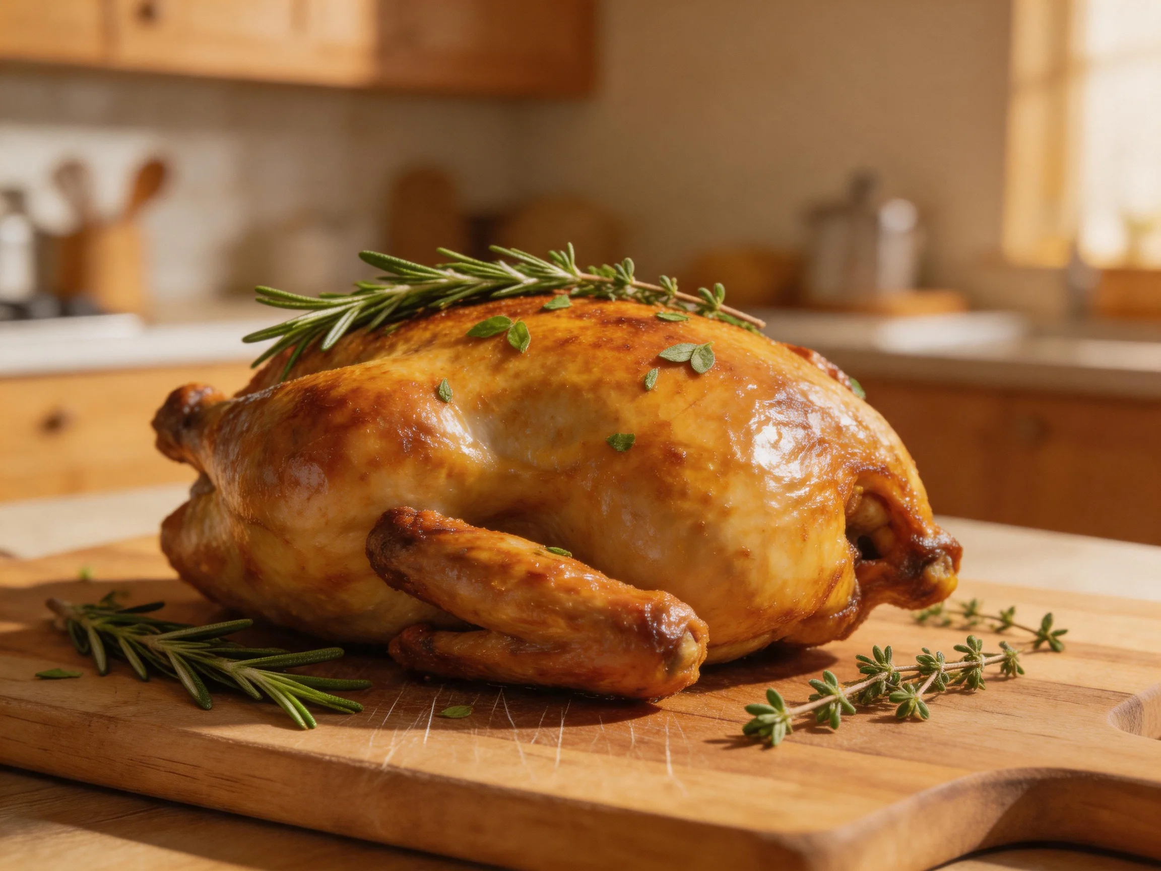 Golden-brown roasted chicken garnished with herbs on a wooden cutting board