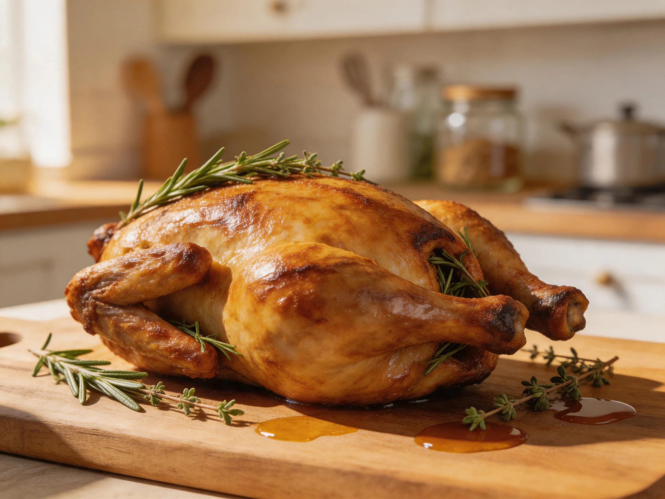 Golden-brown roasted chicken garnished with herbs on a wooden cutting board