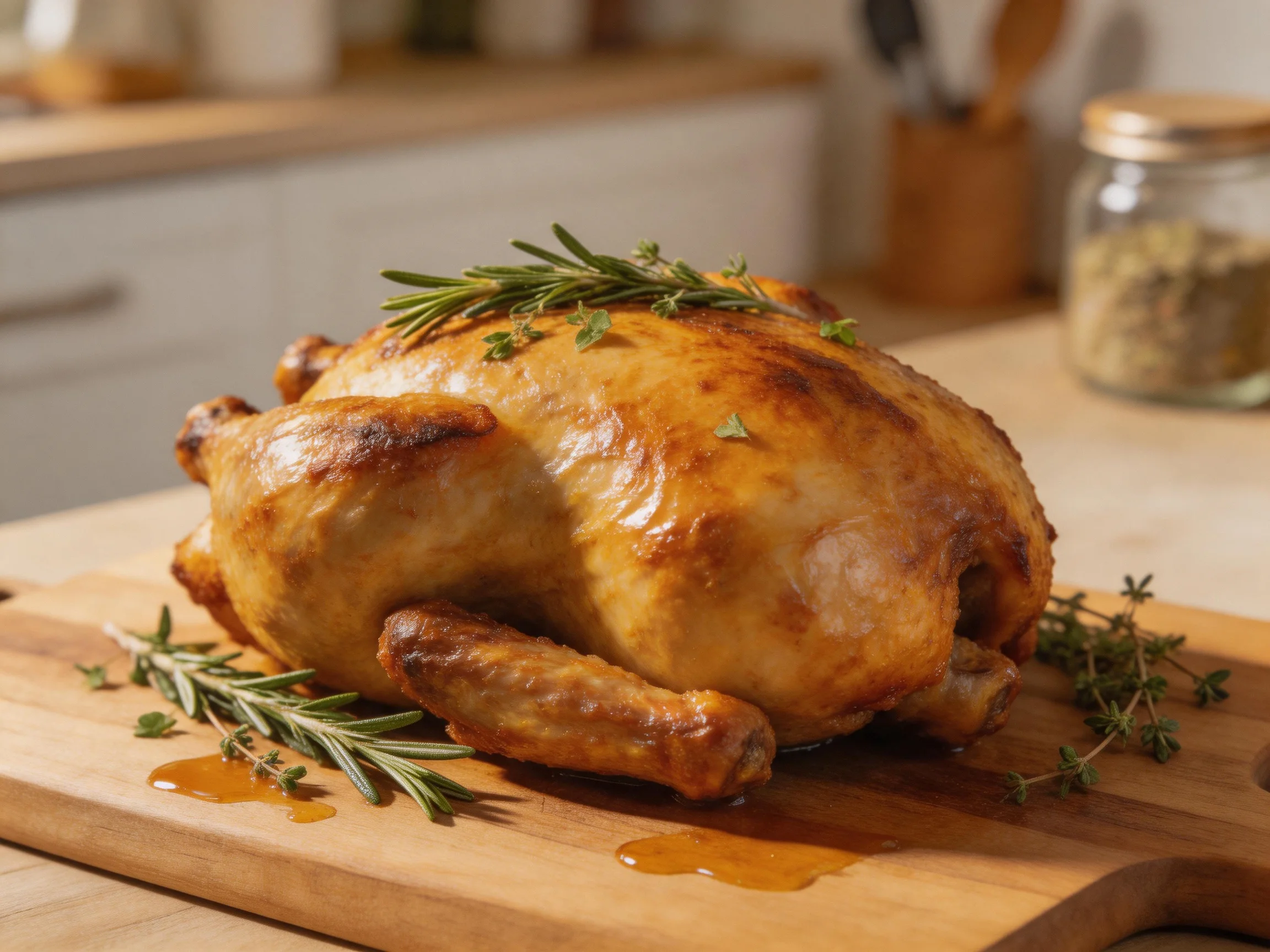 Golden-brown roasted chicken garnished with herbs on a wooden cutting board
