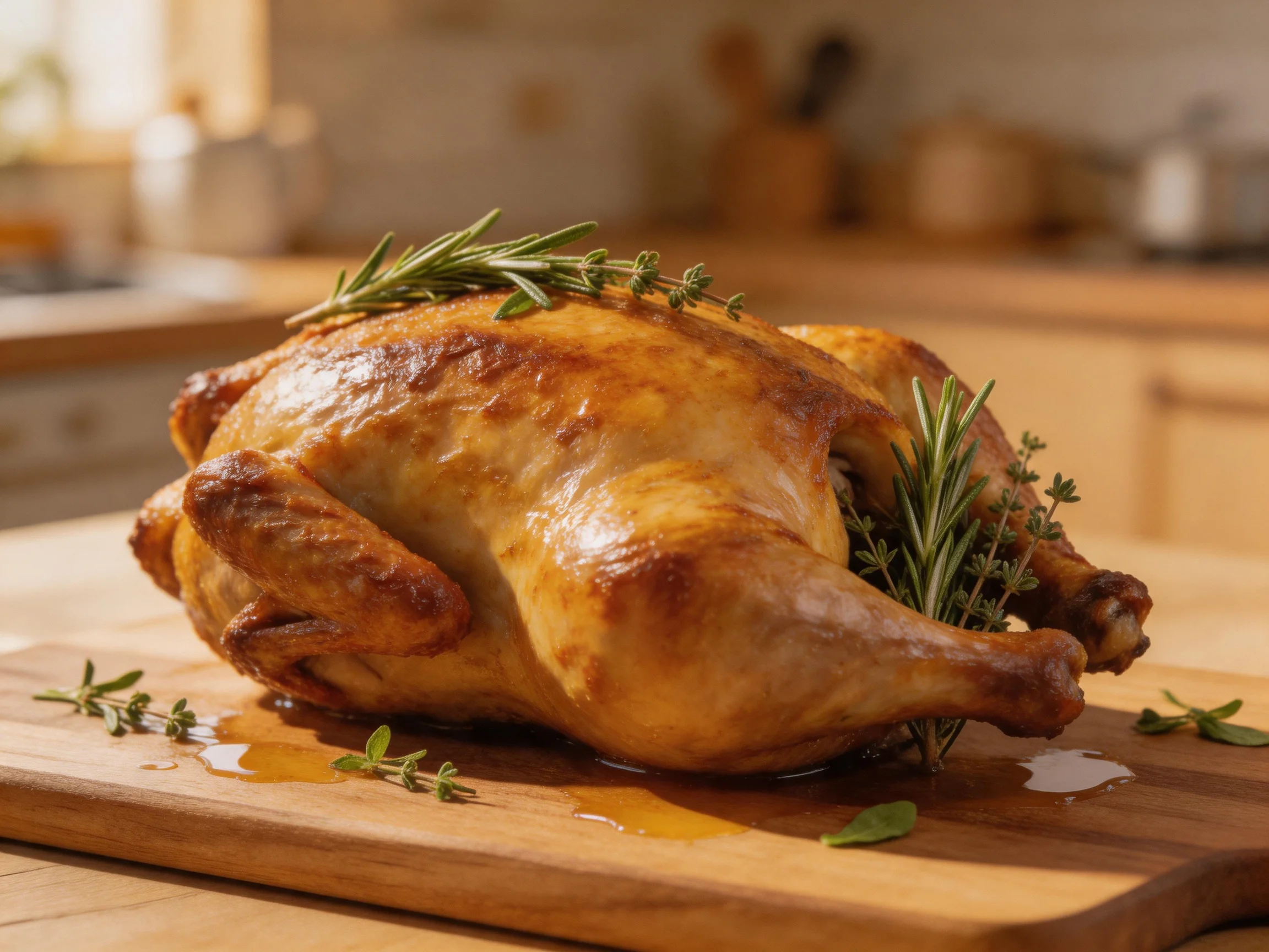 Golden-brown roasted chicken garnished with herbs on a wooden cutting board