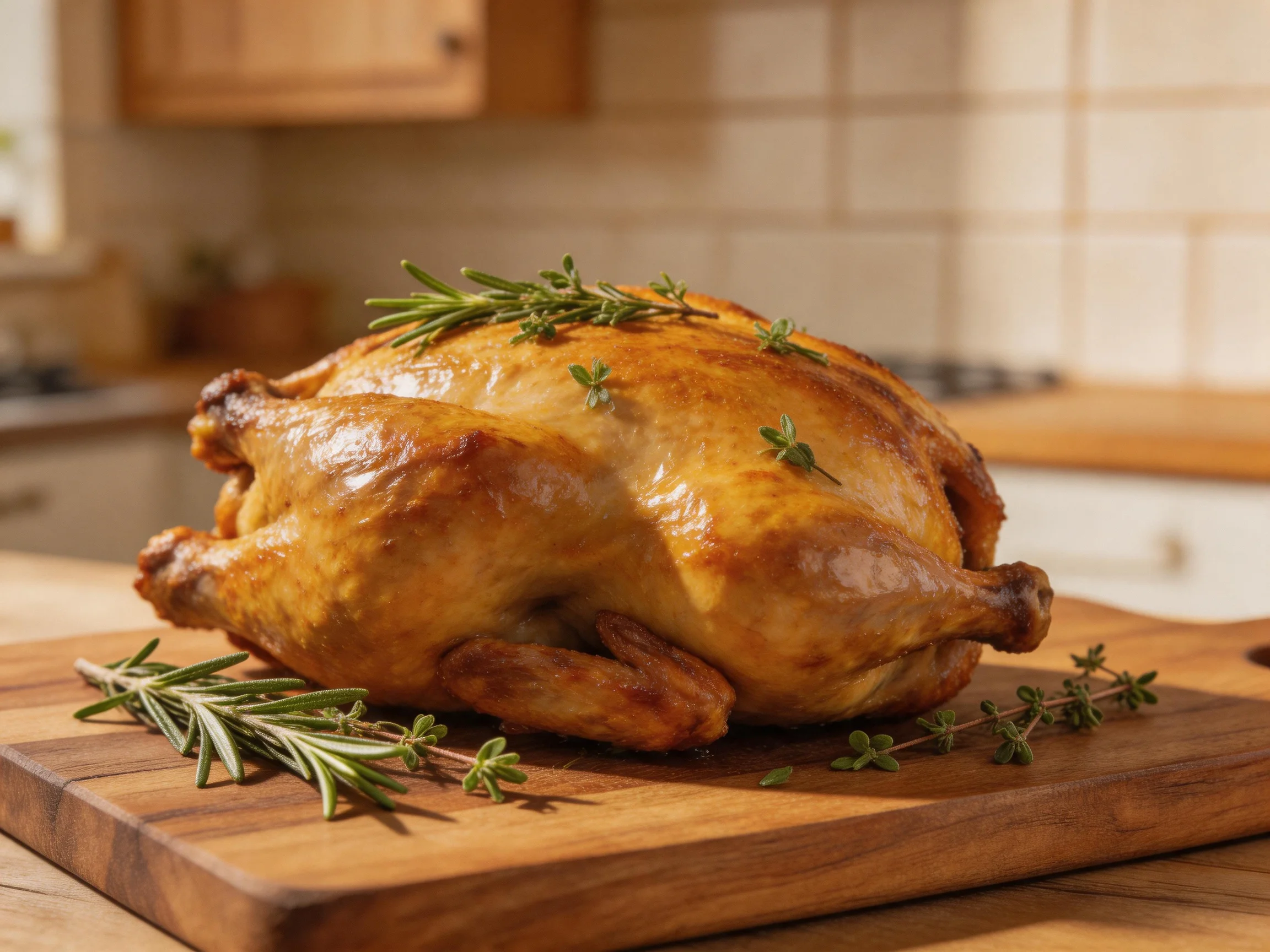 Golden-brown roasted chicken garnished with herbs on a wooden cutting board