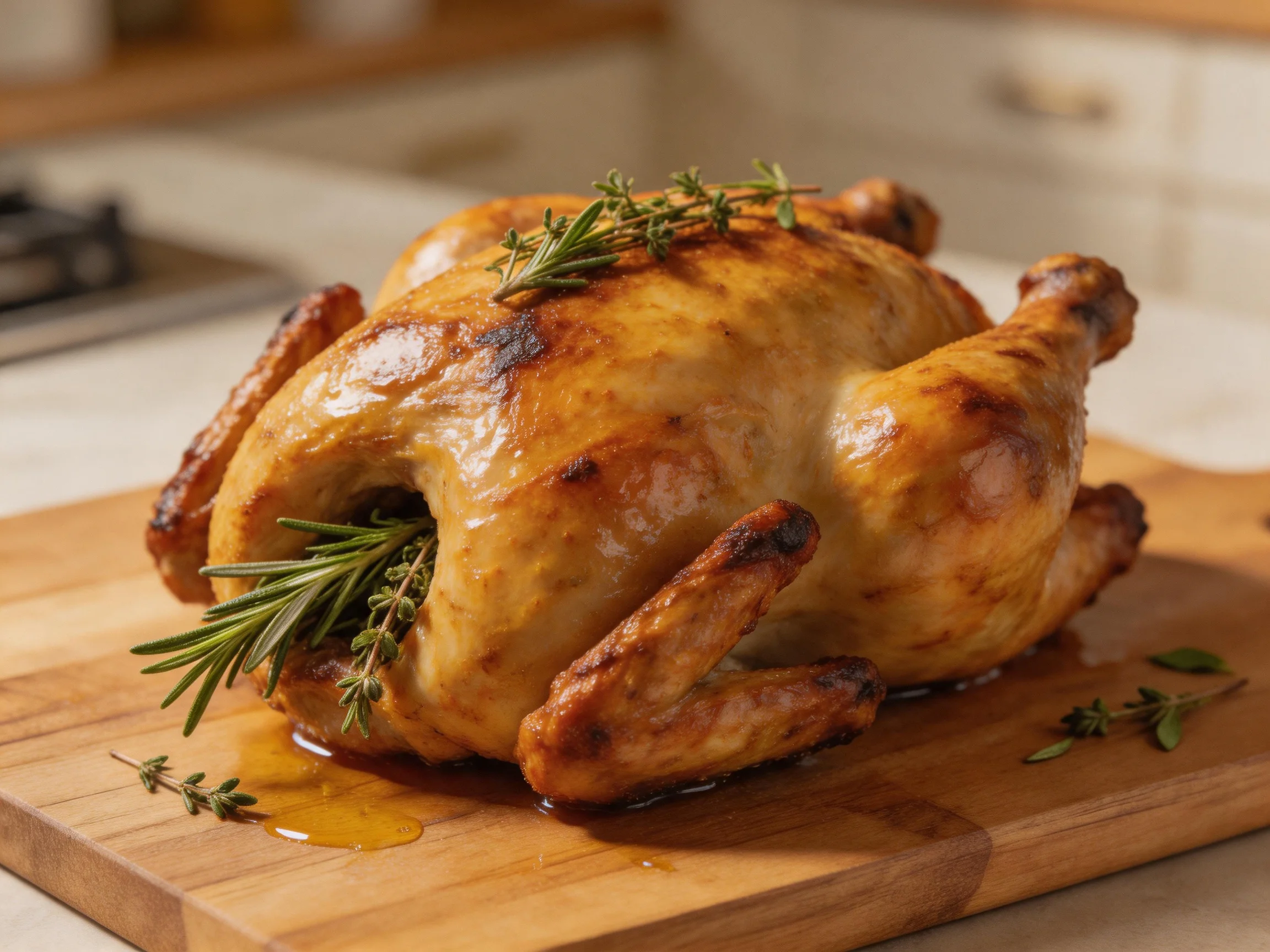 Golden-brown roasted chicken garnished with herbs on a wooden cutting board