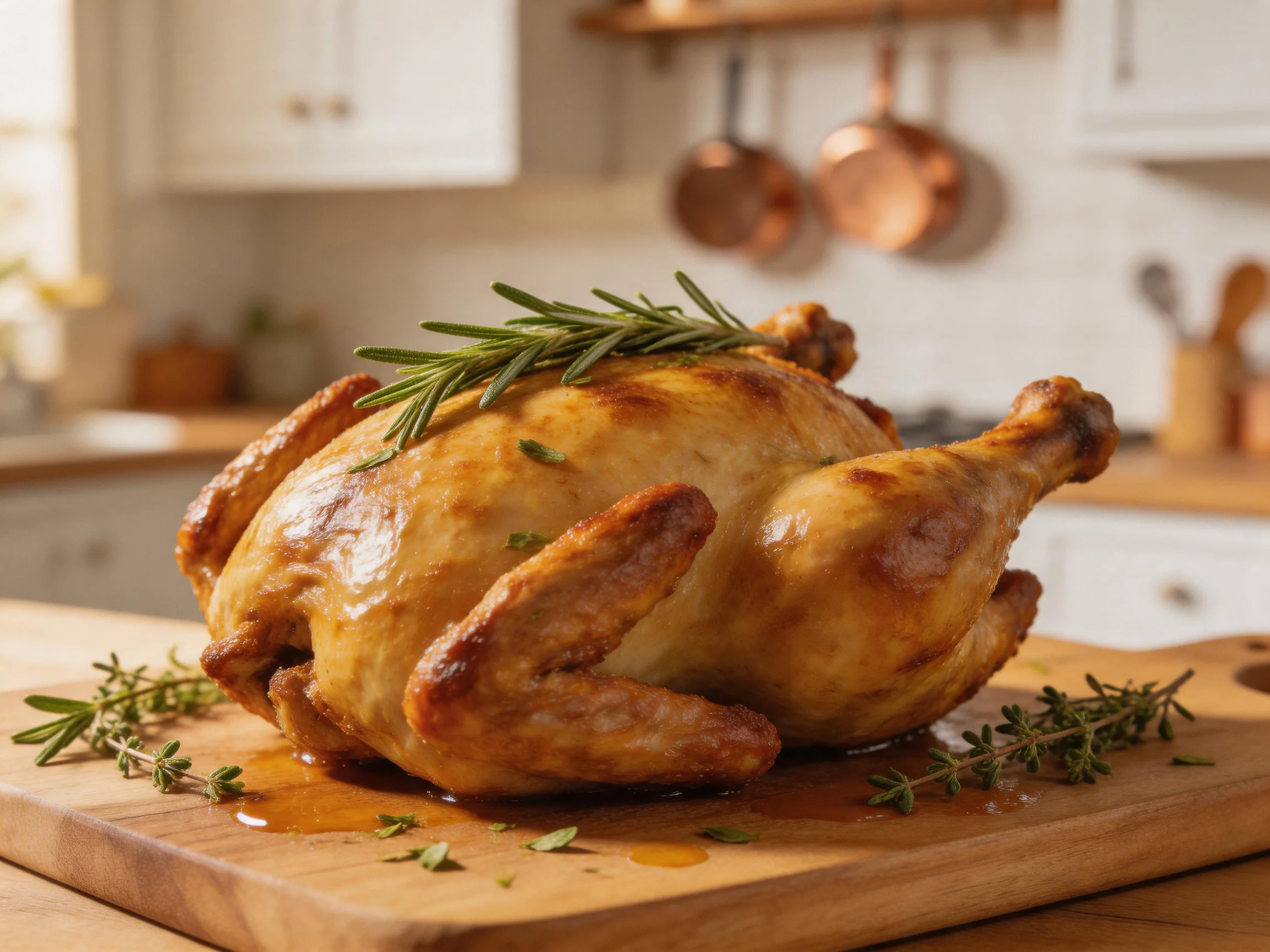 Golden-brown roasted chicken garnished with herbs on wooden cutting board