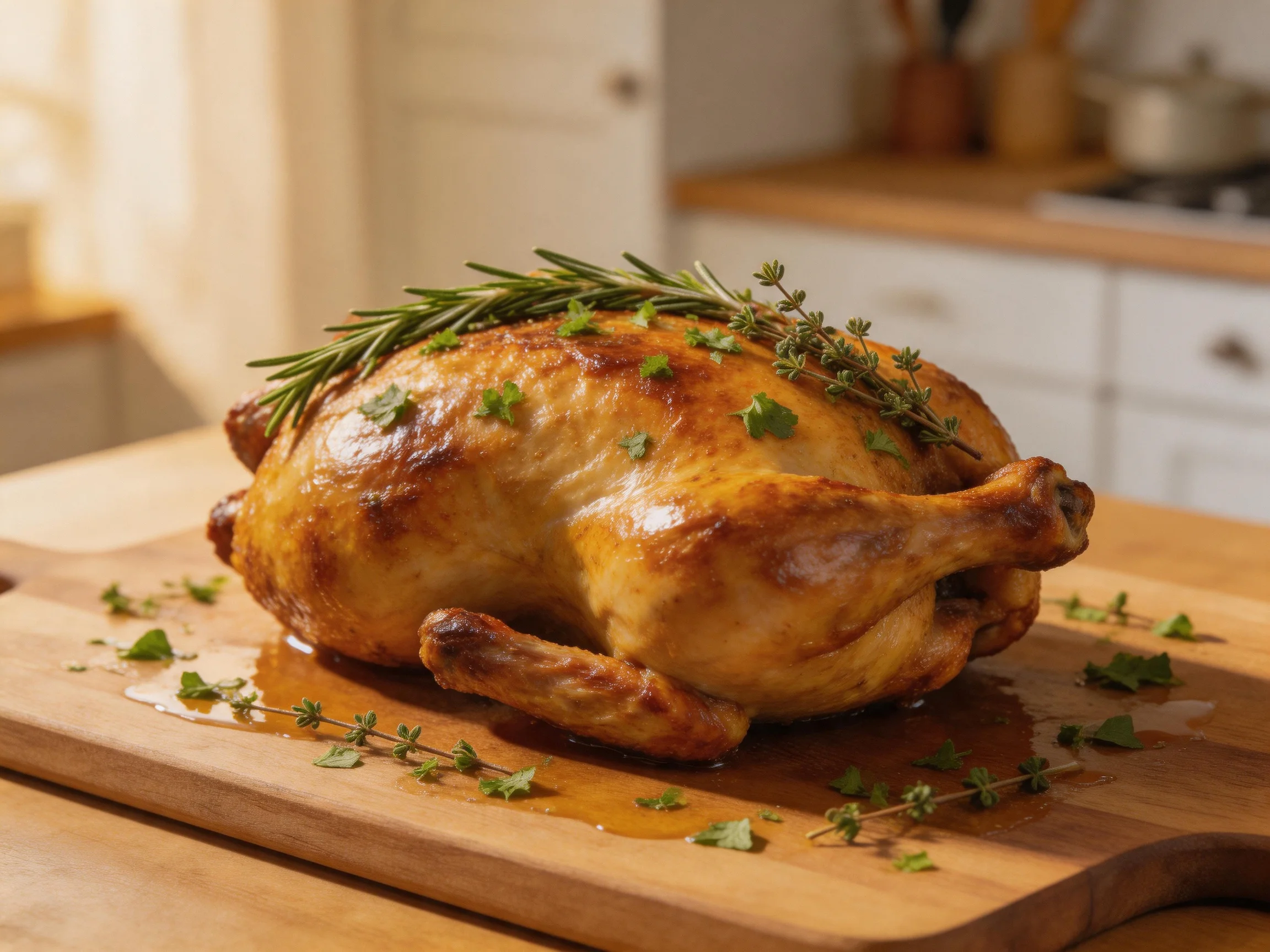 Golden-brown roasted chicken garnished with herbs on wooden cutting board
