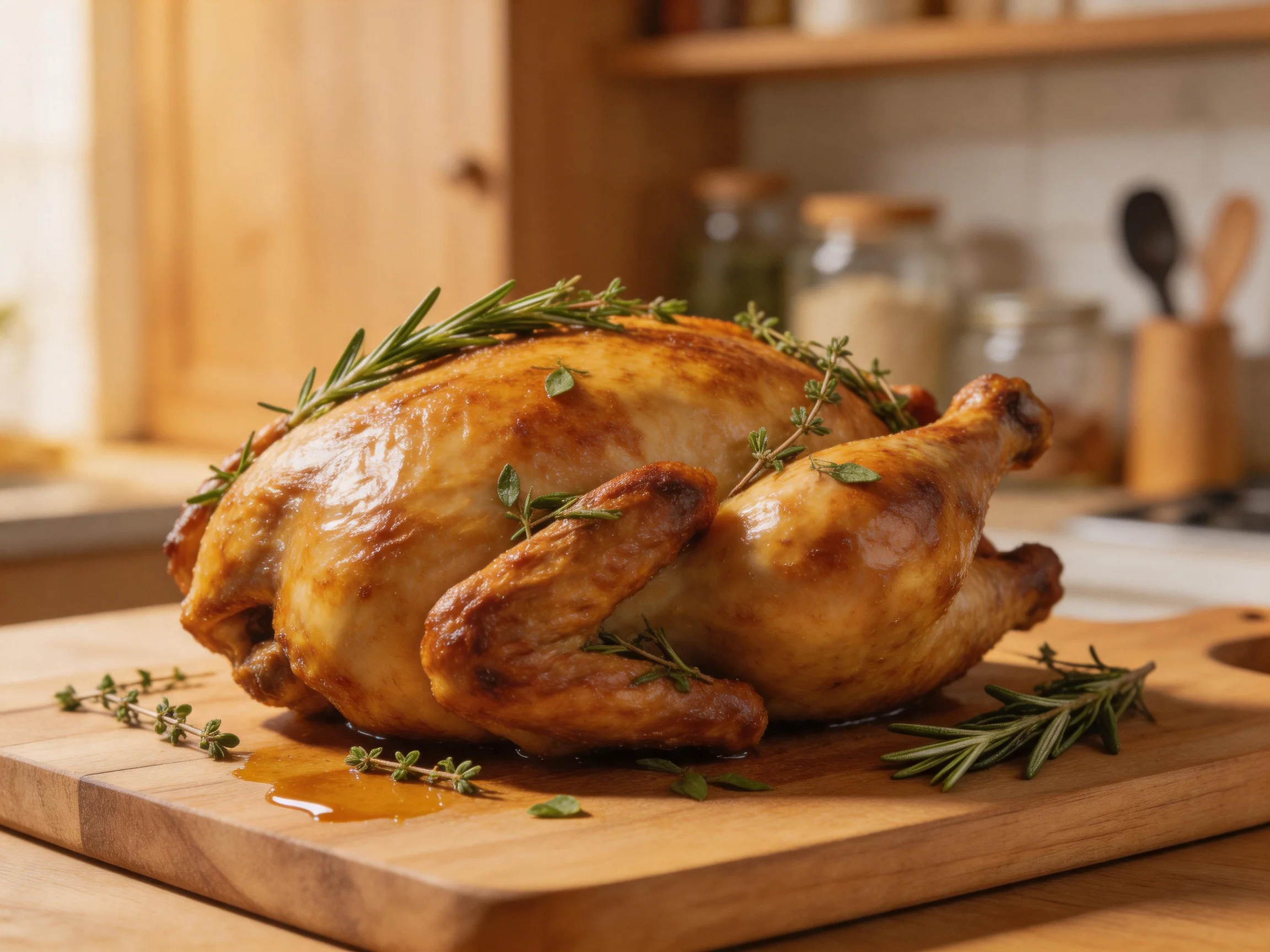 Golden-brown roasted chicken garnished with herbs on wooden cutting board