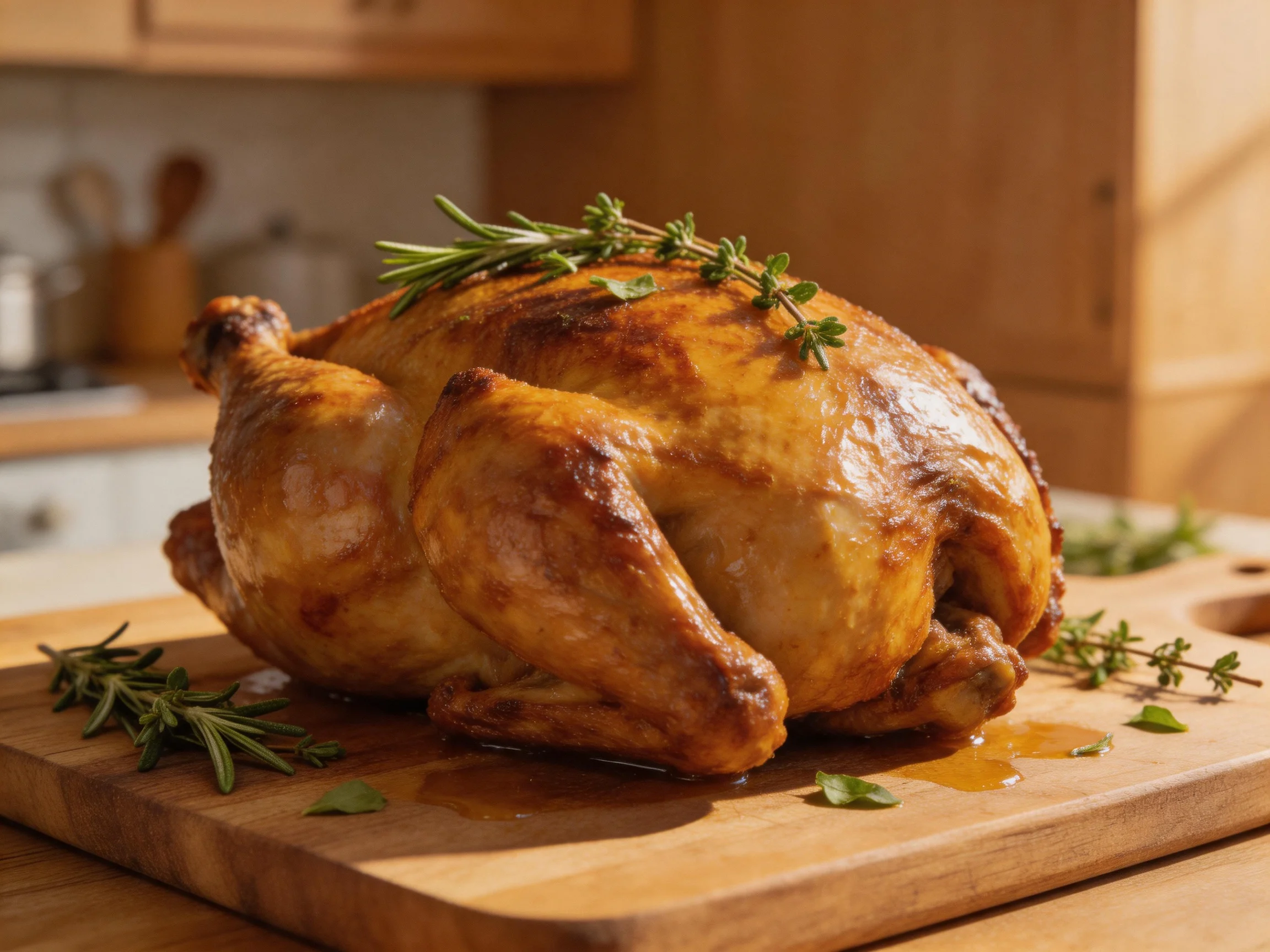 Golden-brown roasted chicken garnished with herbs on wooden cutting board