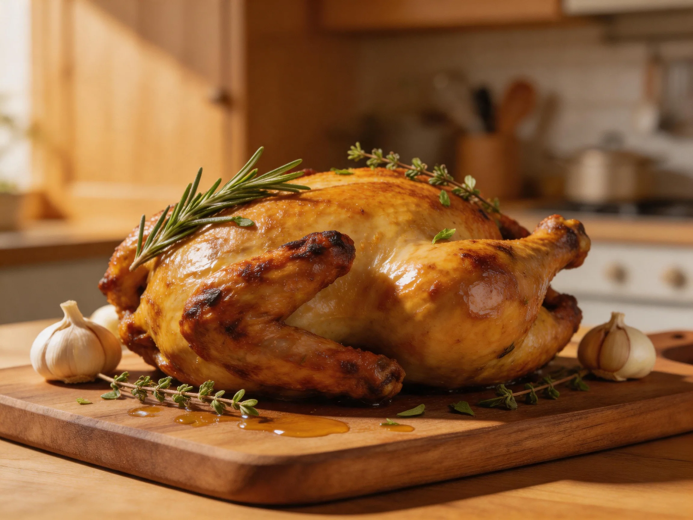 Golden-brown roasted chicken garnished with herbs on wooden cutting board