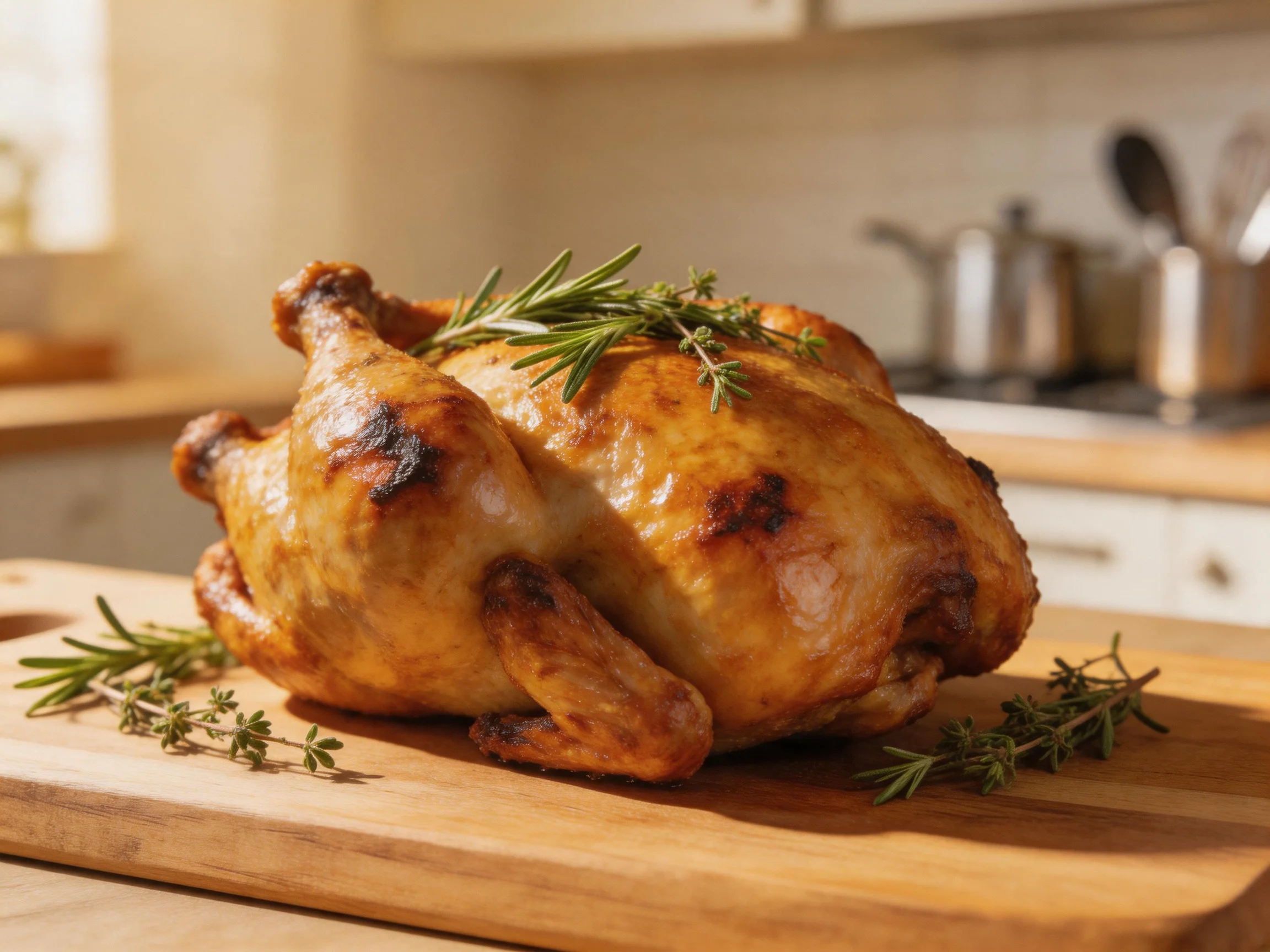 Golden-brown roasted chicken garnished with herbs on wooden cutting board