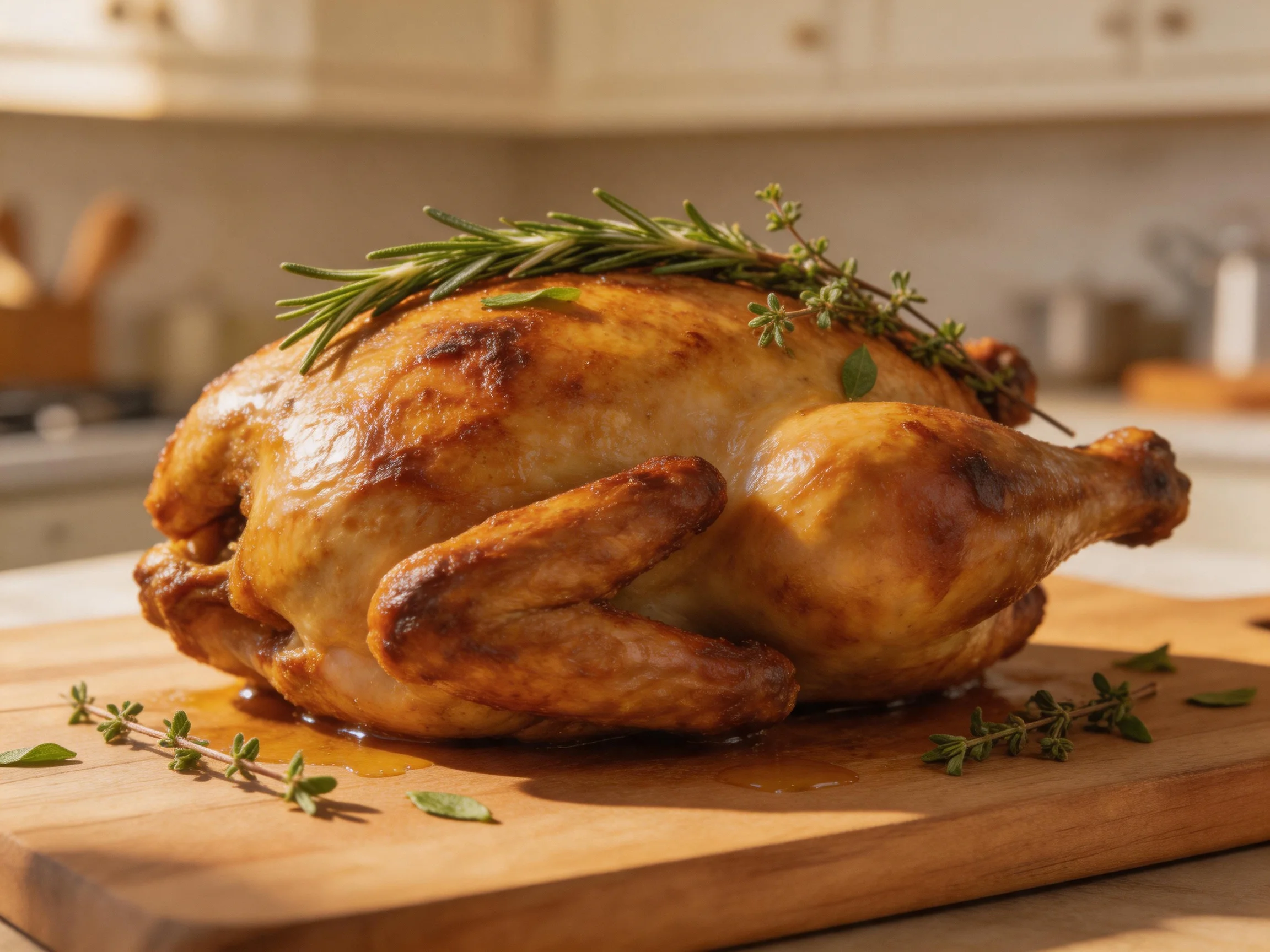 Golden-brown roasted chicken garnished with herbs on wooden cutting board