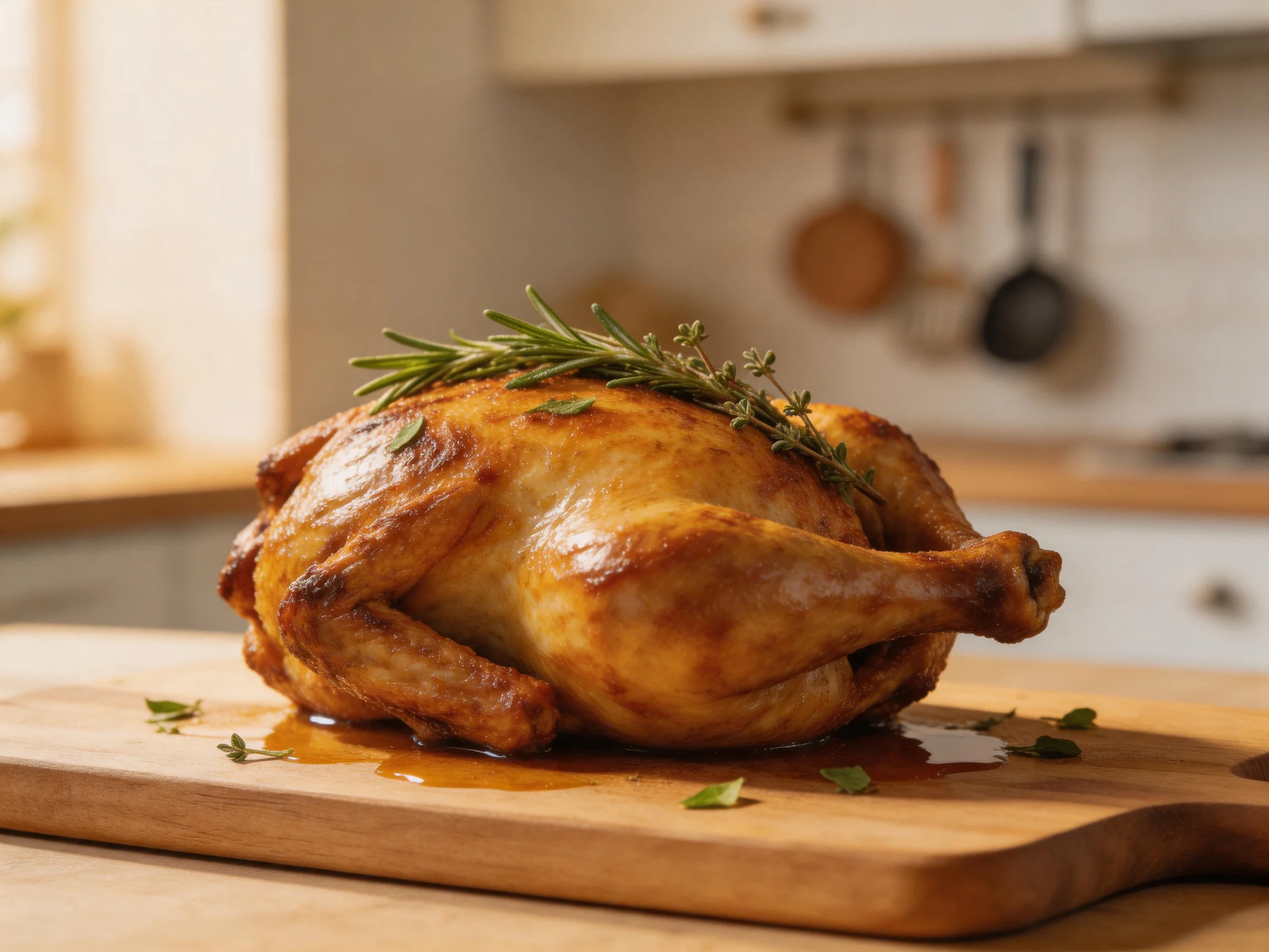 Golden-brown roasted chicken garnished with herbs on wooden cutting board