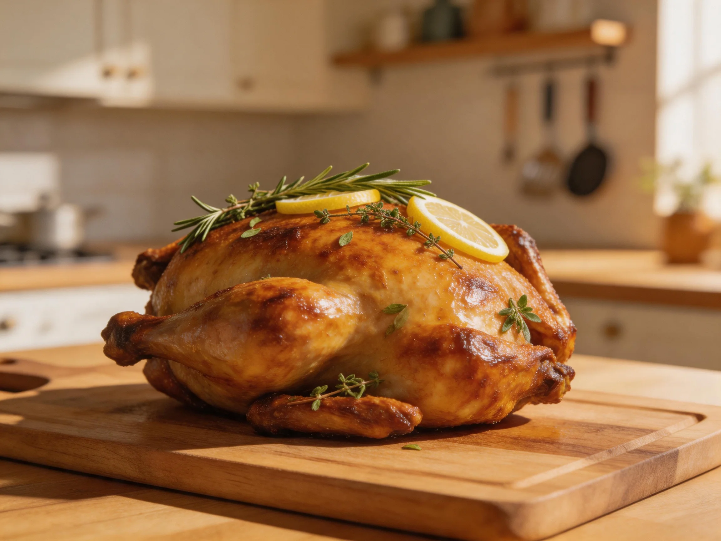 Golden-brown roasted chicken garnished with lemon slices and fresh herbs on a wooden cutting board