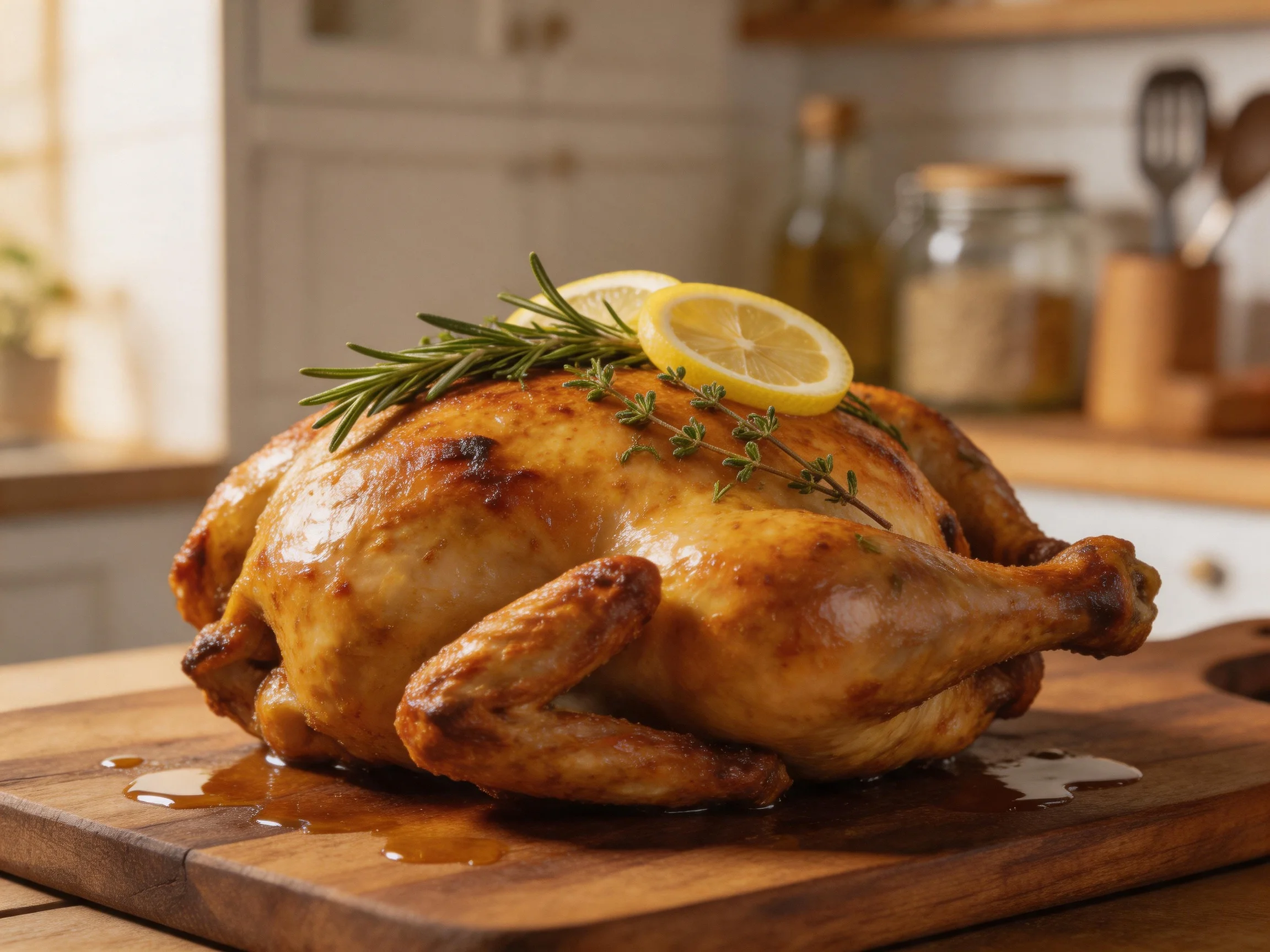 Golden-brown roasted chicken garnished with lemon slices and herbs on a wooden cutting board