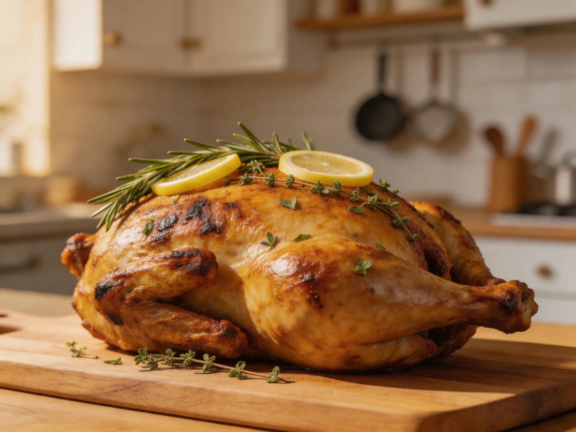 Golden-brown roasted chicken garnished with lemon slices, rosemary, and thyme on a wooden cutting boa