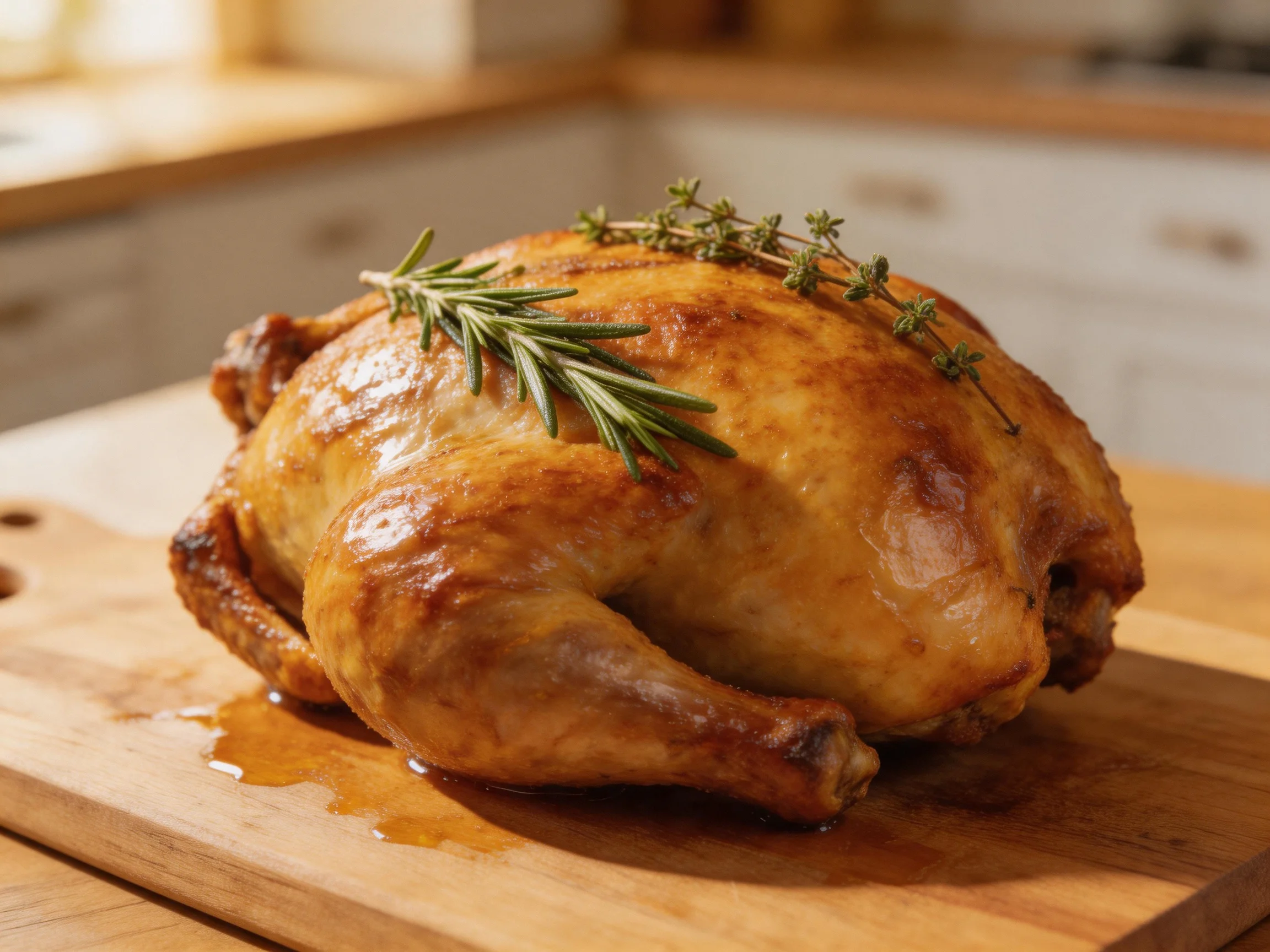 Golden-brown roasted chicken garnished with rosemary and thyme