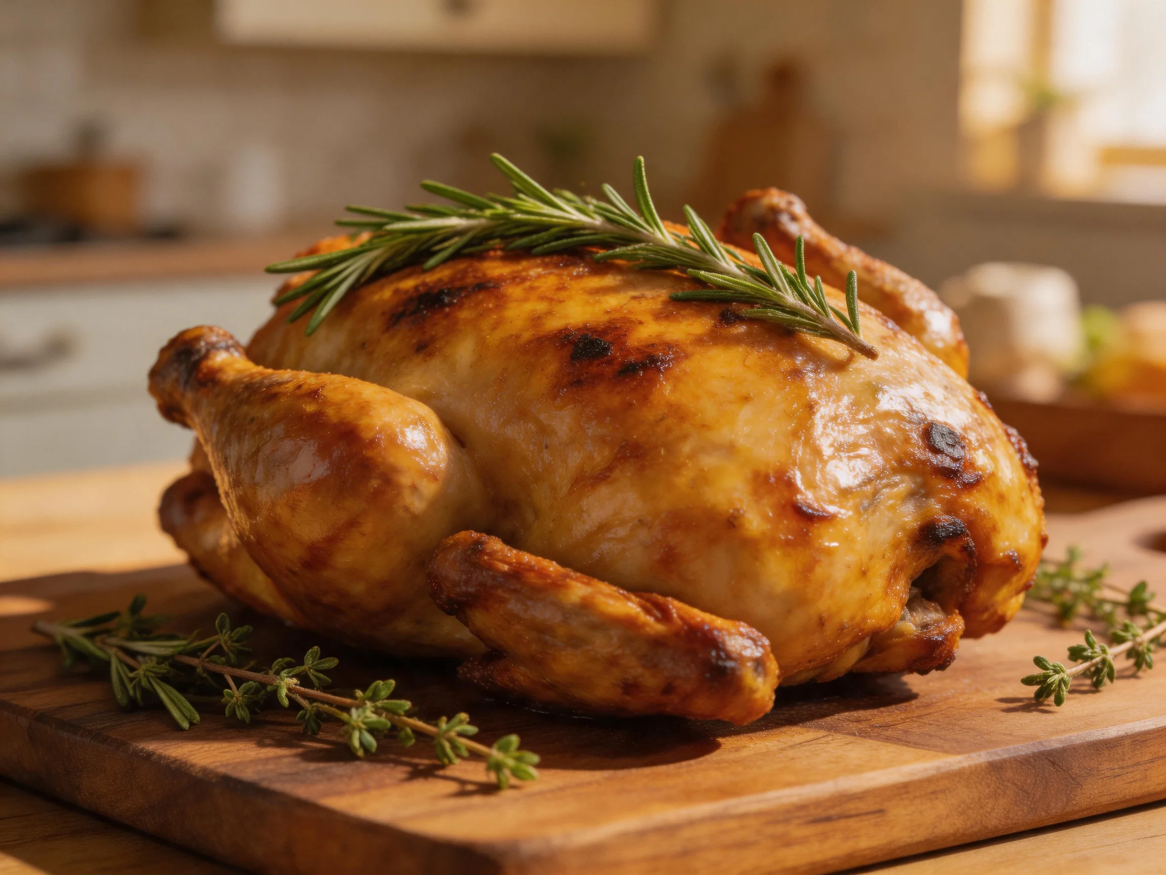 Golden-brown roasted chicken garnished with rosemary and thyme on a wooden cutting board