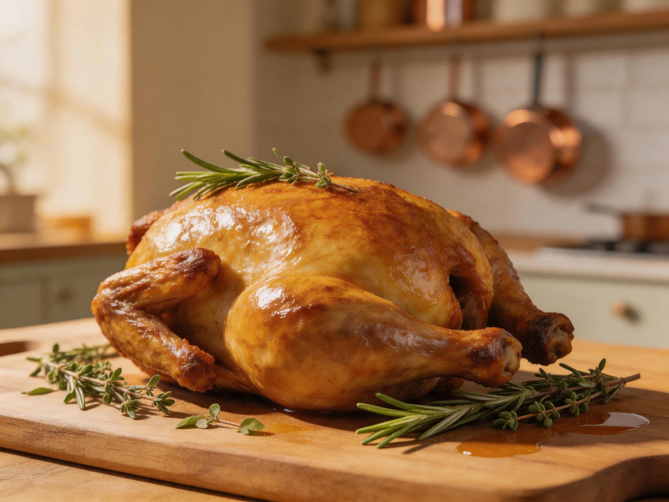 Golden-brown roasted chicken garnished with rosemary and thyme on a wooden cutting board