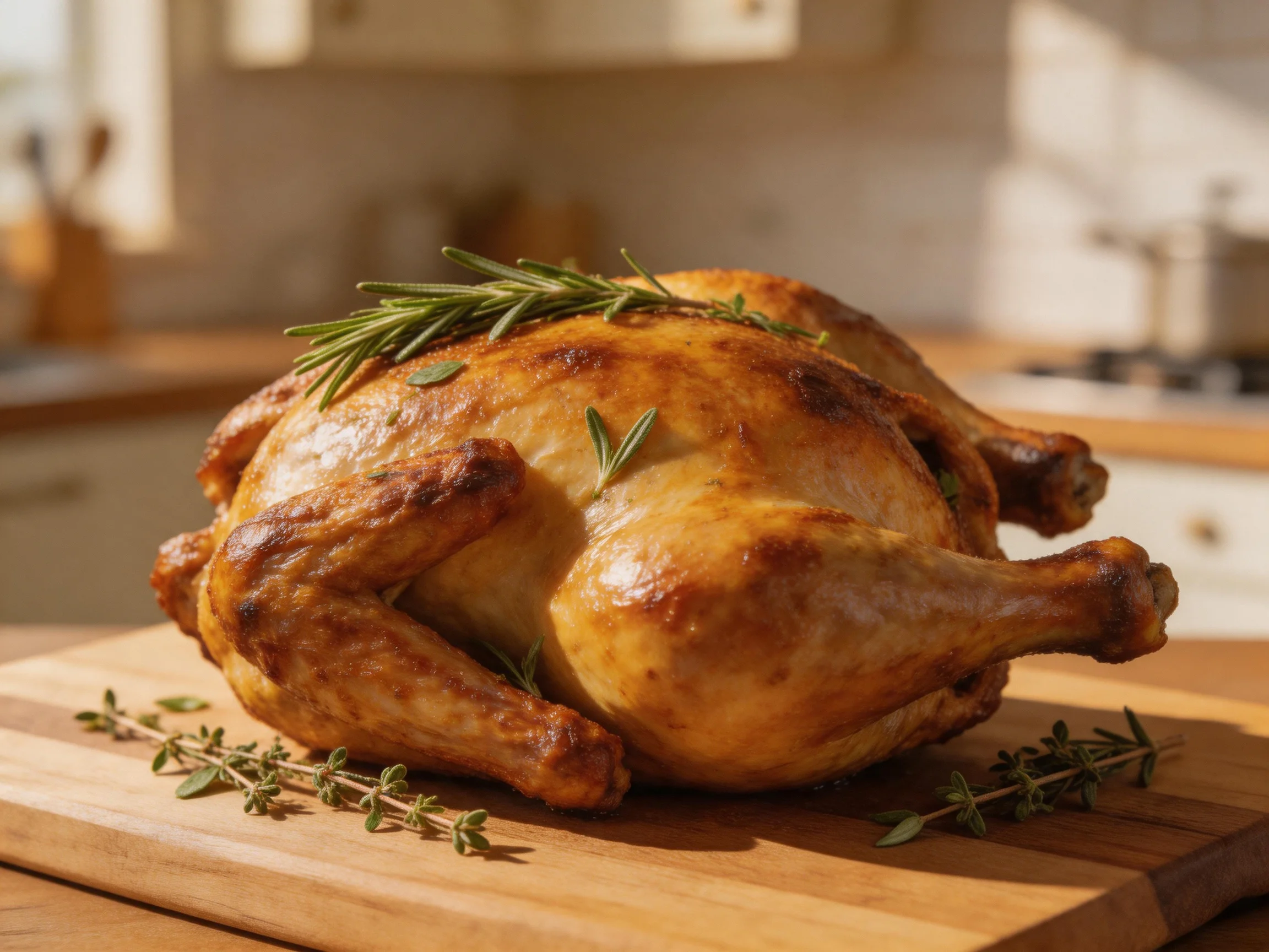 Golden-brown roasted chicken garnished with rosemary and thyme on a wooden cutting board