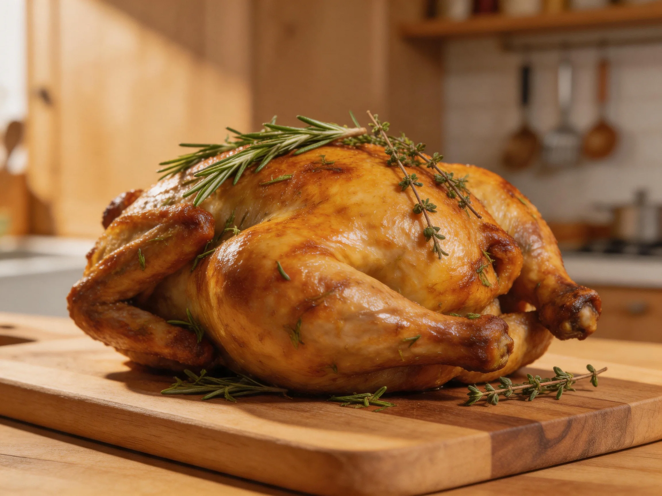Golden-brown roasted chicken garnished with rosemary and thyme on a wooden cutting board