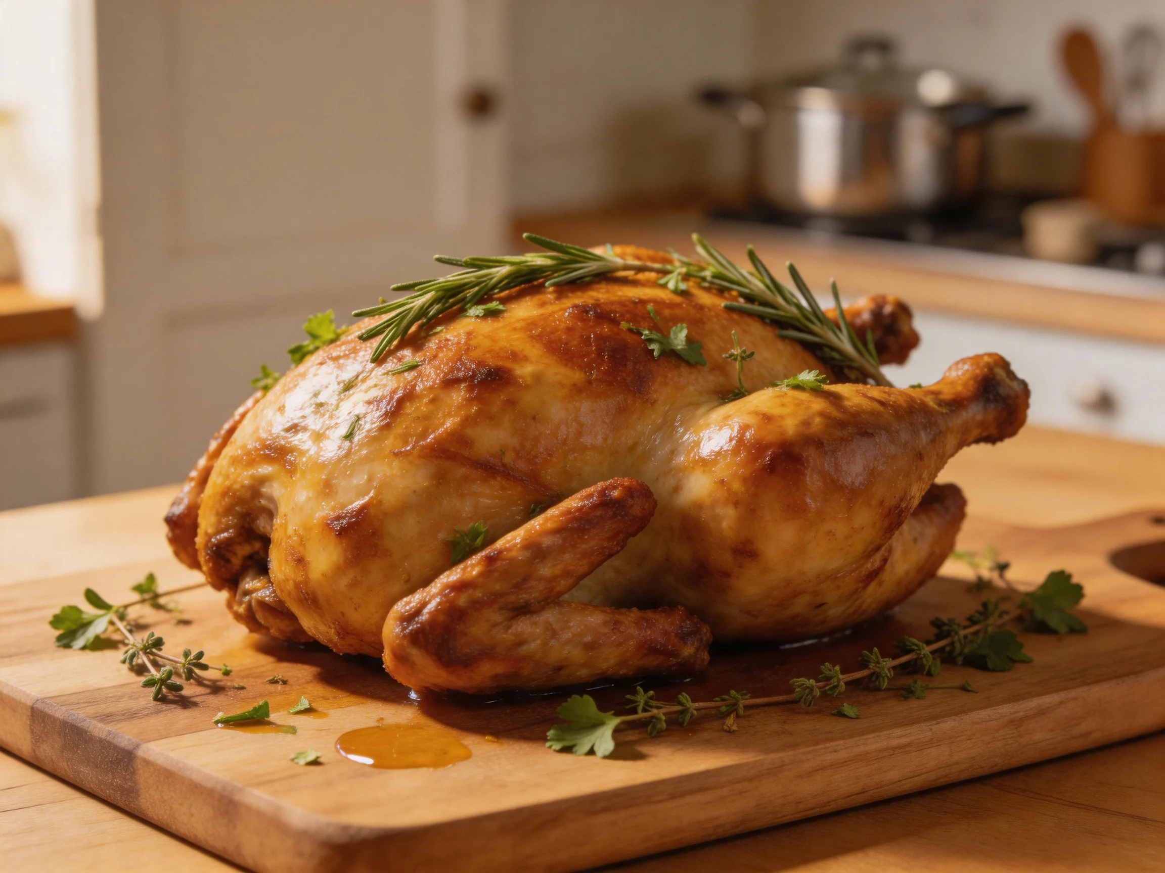 Golden-brown roasted chicken garnished with rosemary and thyme on a wooden cutting board