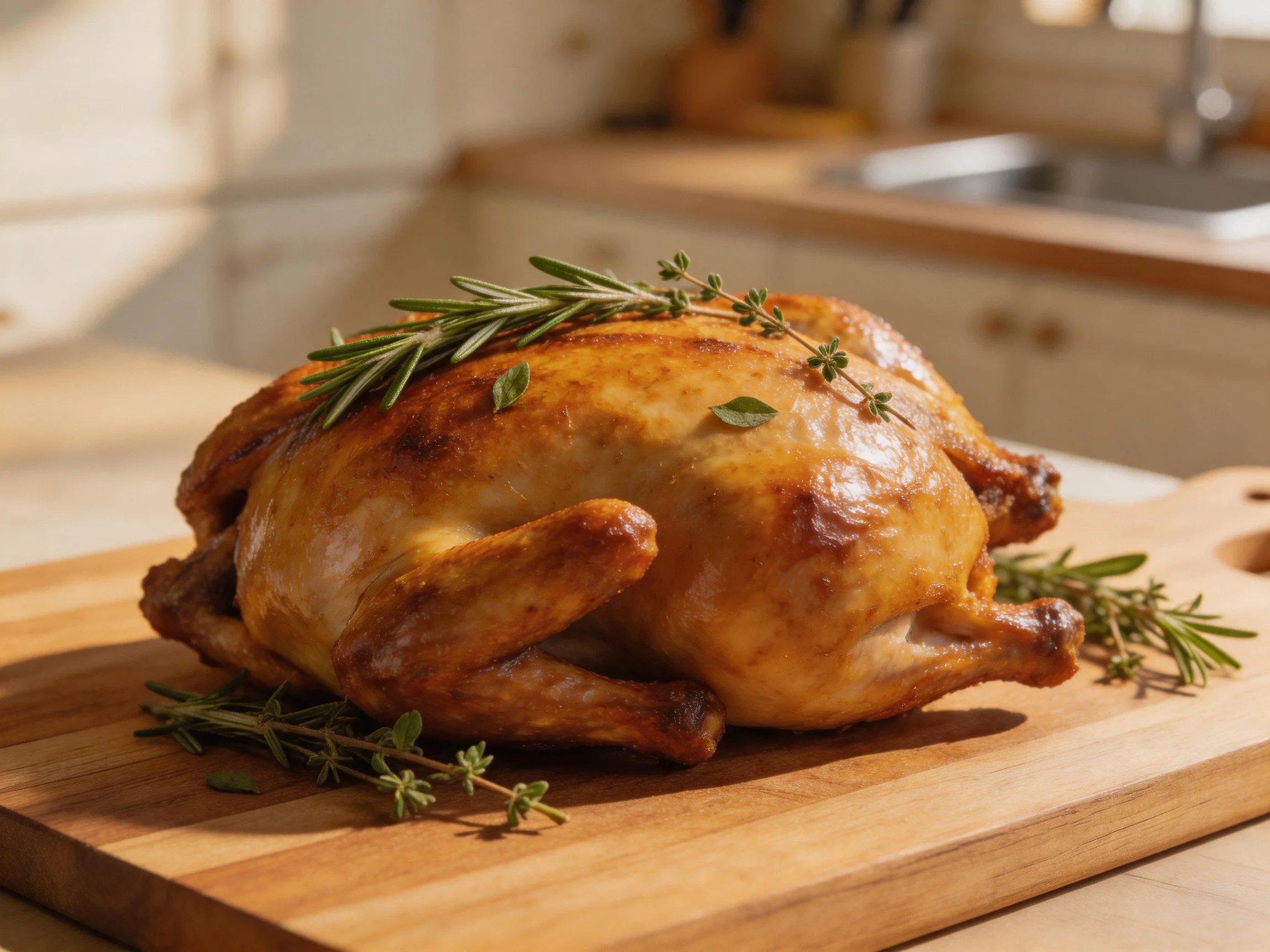 Golden-brown roasted chicken garnished with rosemary and thyme on a wooden cutting board