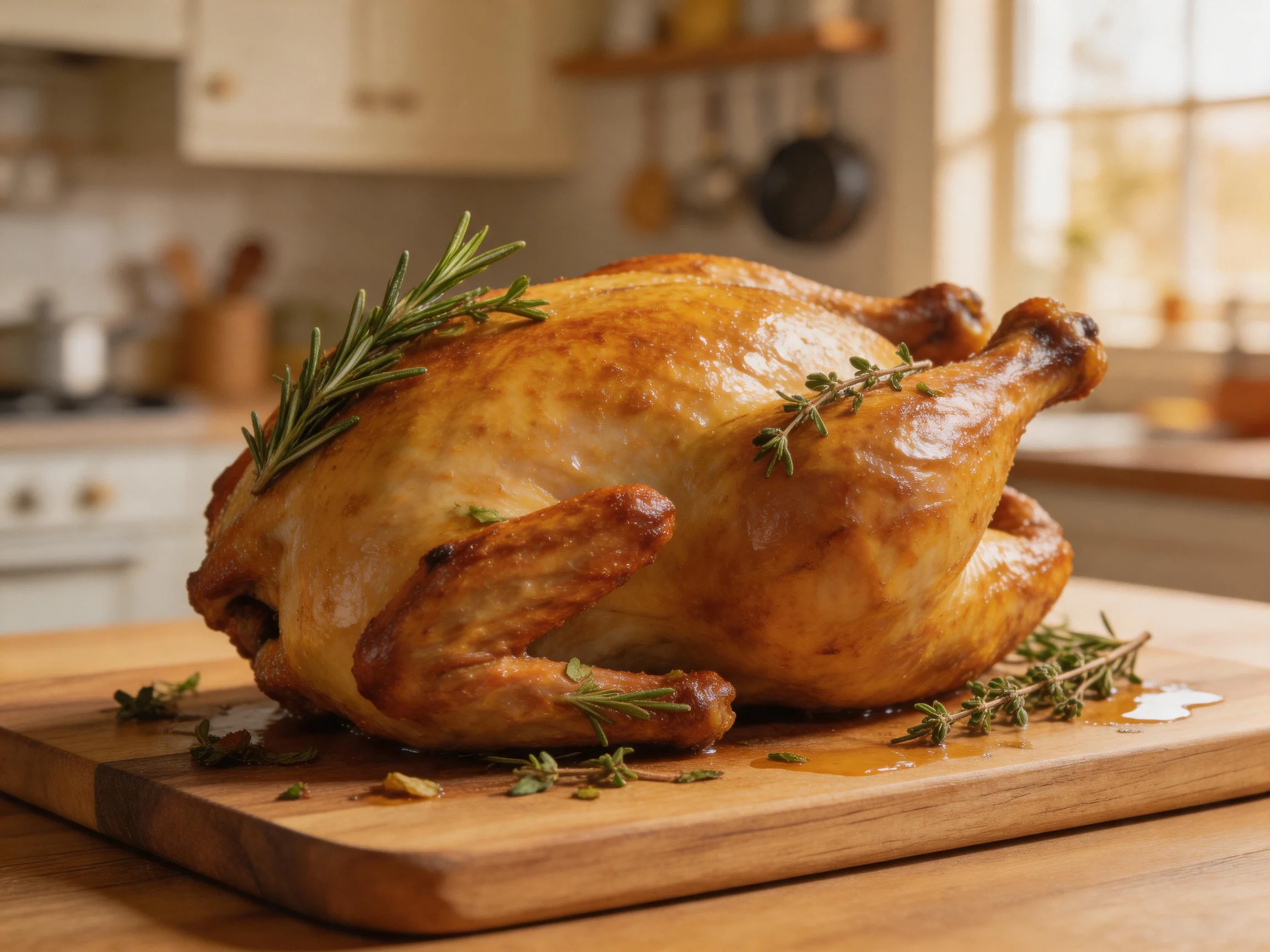Golden-brown roasted chicken garnished with rosemary and thyme on a wooden cutting board
